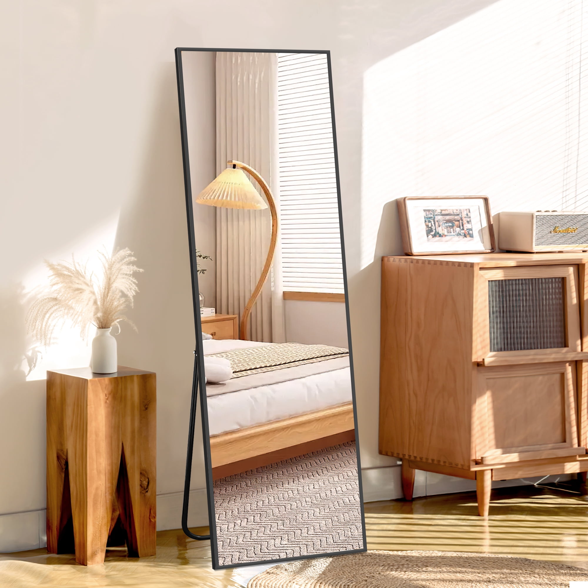 MAYEERTY Freestanding Full Length Mirror with Stand, Aluminum Alloy Floor Mirror Wall Mounted for Bedroom Living Room, 58x18in, Black