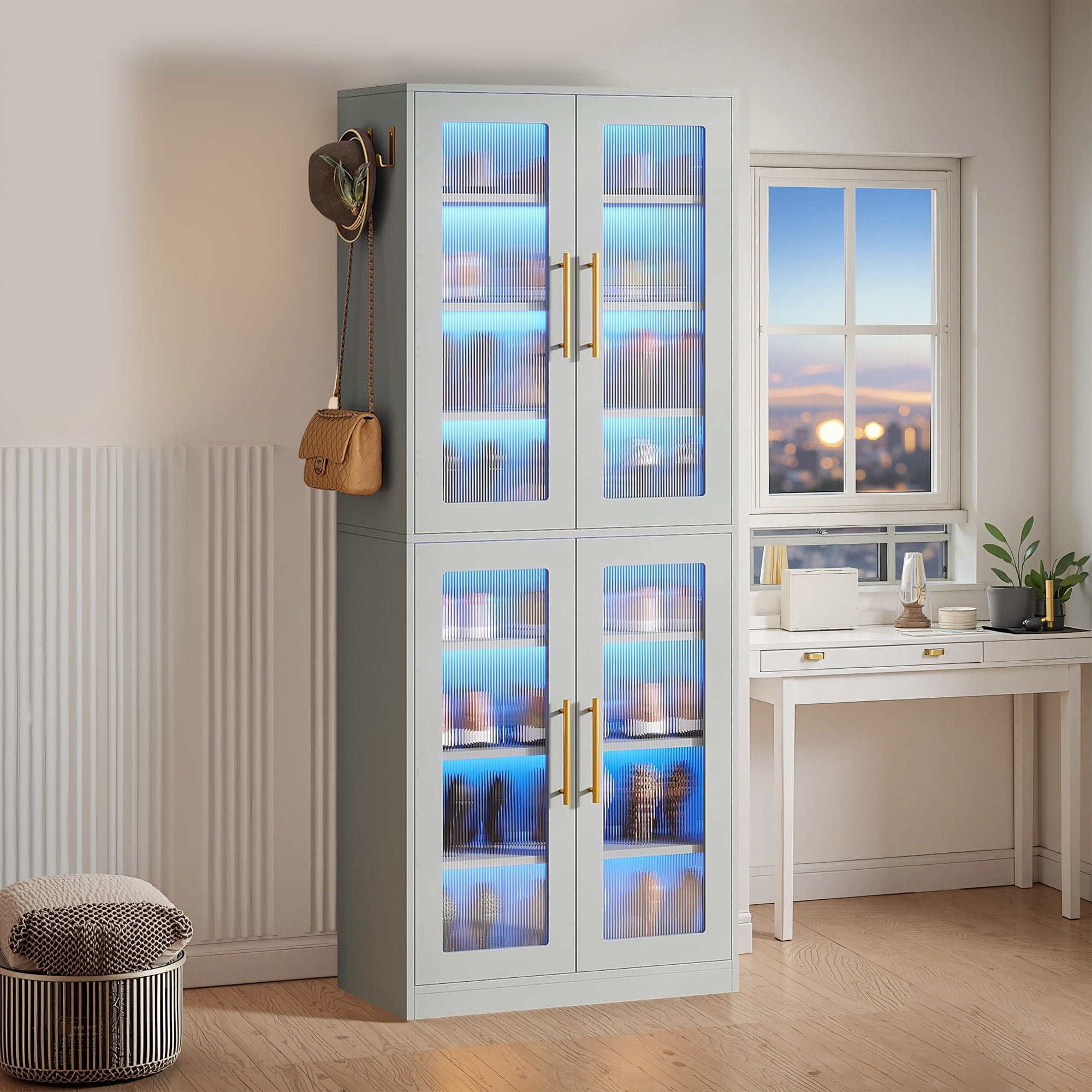 MAYEERTY Freestanding Shoe Cabinet with Acrylic Doors and LED Lights, Entryway Shoe Storage Organizer