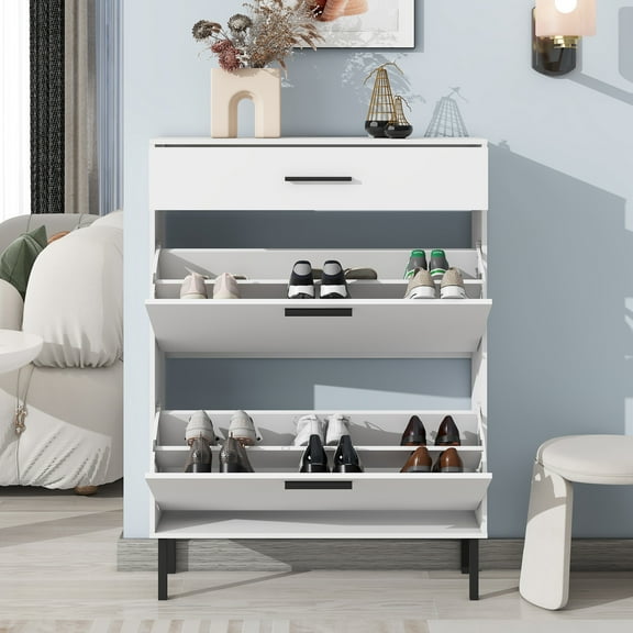 MAYEERTY Freestanding Shoe Cabinet with Drawers & Metal Legs, Modern Shoe Storage Cabinet with 2 Flip Drawers for Entryway