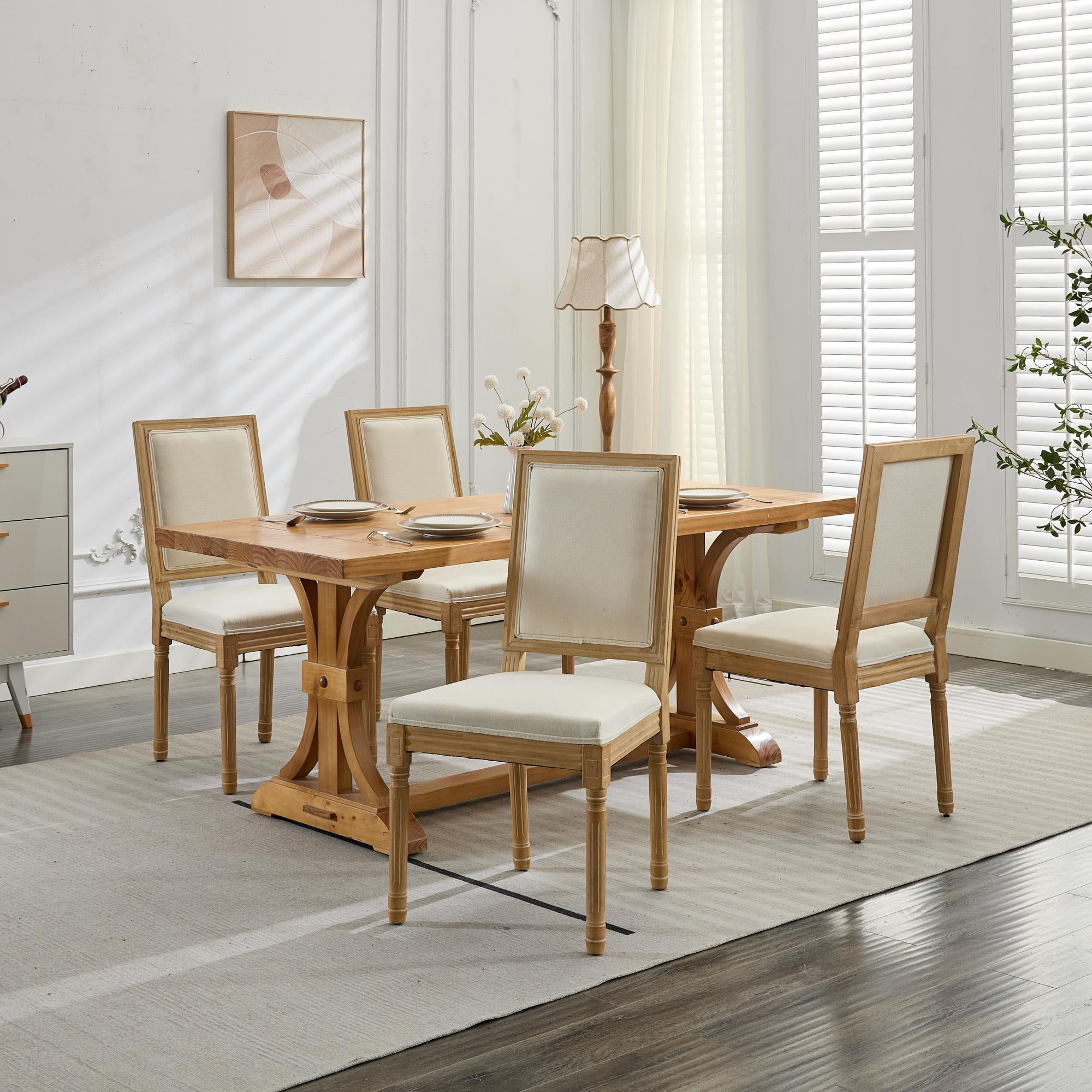 MAYEERTY French Decor Dining Chairs - Louis Style, Square Back, Carved Solid Wood Frame, Beige, Set of 2