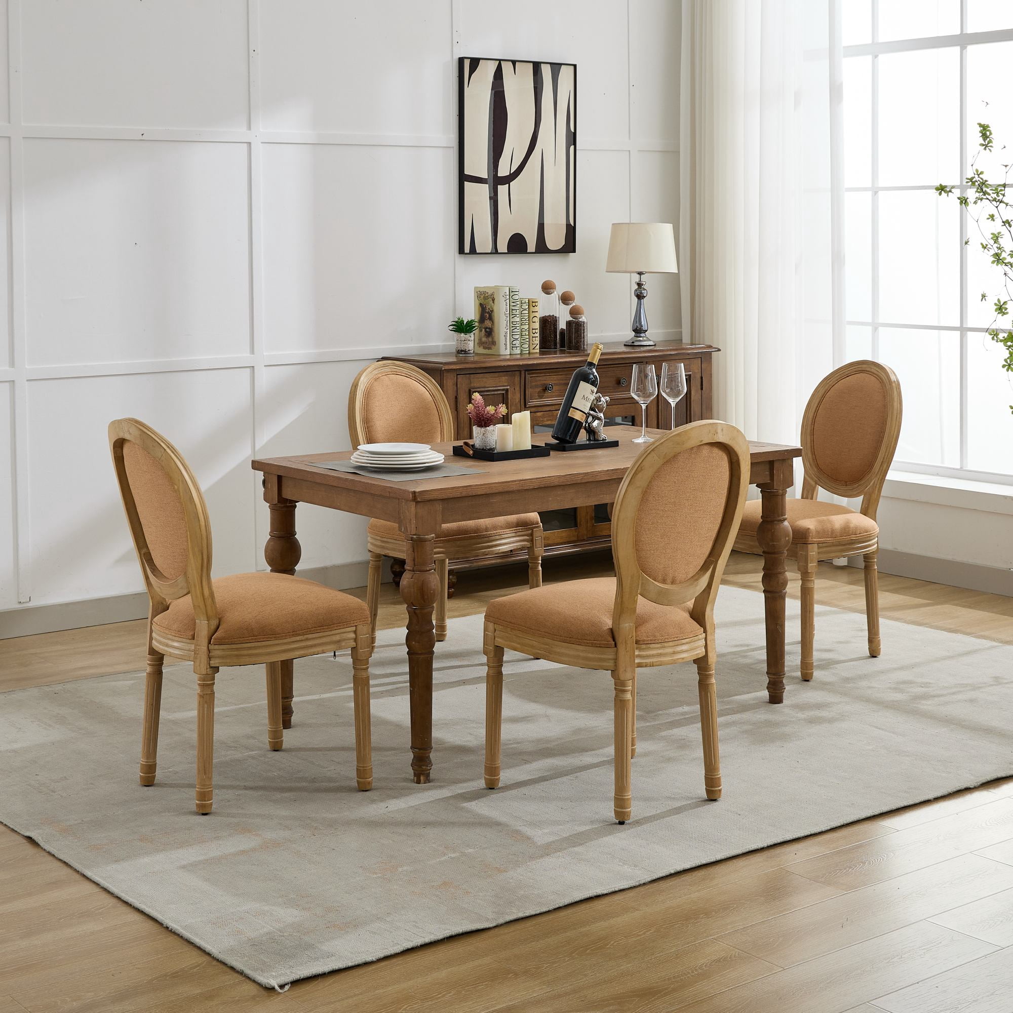 MAYEERTY French Style Dining Chair - Solid Wood Frame, Antique Painting, Linen Back, Tan, Set of 2
