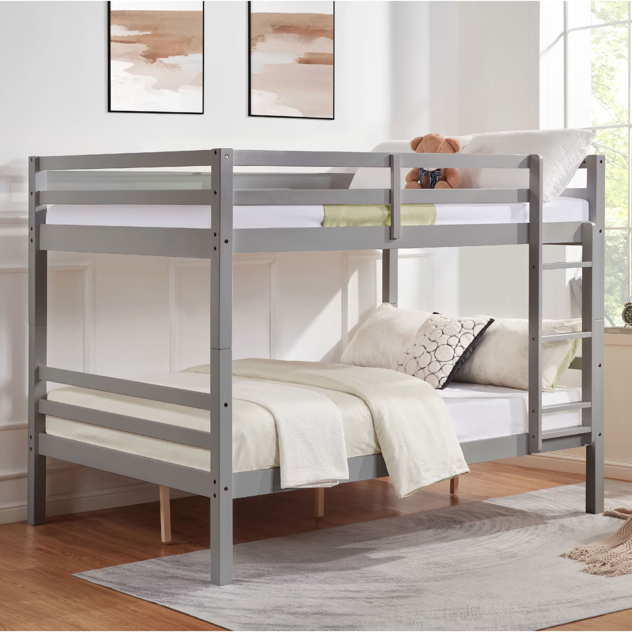 MAYEERTY Full over Full Bunk Bed with Thick Posts, Solid Wood Bed Frame with High Guardrail and Ladder, for Kids Teens Dorm Rooms, No Box Spring Needed