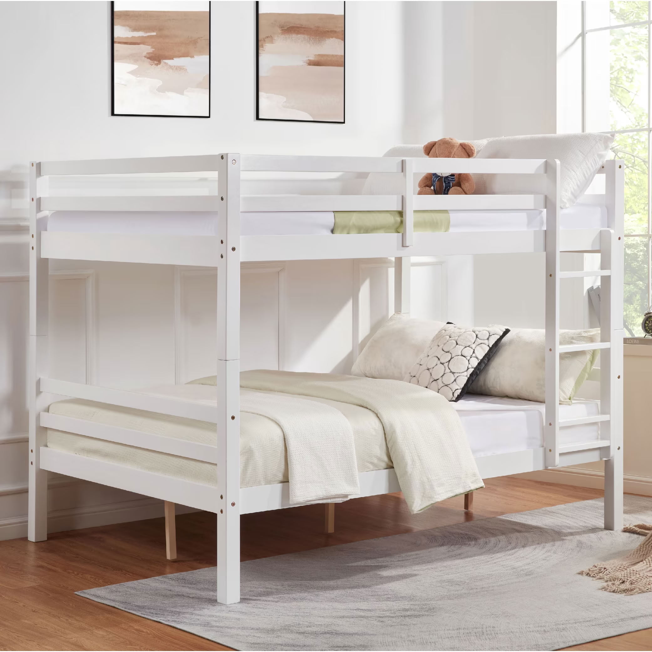 MAYEERTY Full over Full Bunk Bed with Thick Posts, Solid Wood Bed Frame with High Guardrail and Ladder, for Kids Teens Dorm Rooms, No Box Spring Needed