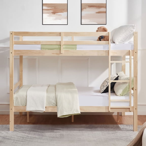 MAYEERTY Full over Full Bunk Bed with Thick Posts, Solid Wood Bed Frame with High Guardrail and Ladder, for Kids Teens Dorm Rooms, No Box Spring Needed