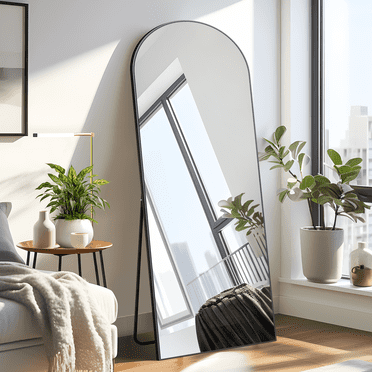 MAYEERTY 57x20in Arched Full Length Mirror, Floor Standing Mirror with Stand, Wall Mounted Hanging Aluminium Alloy Framed, Black