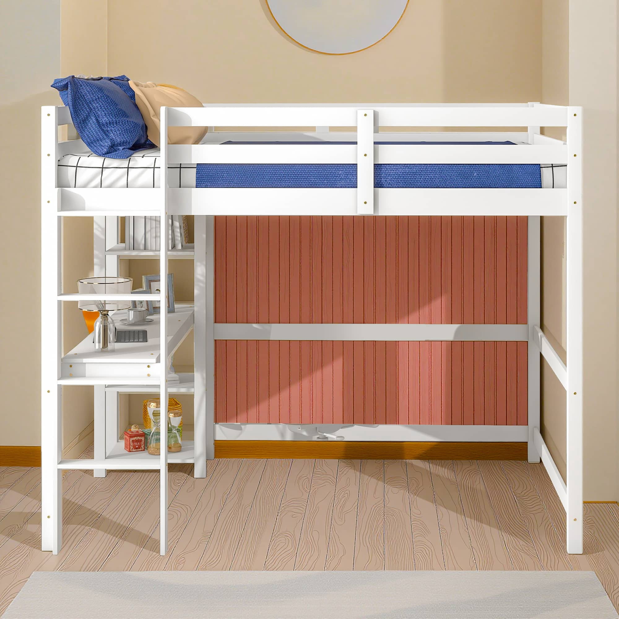 MAYEERTY Full Loft Bed with Desk, Shelves and Ladder, White