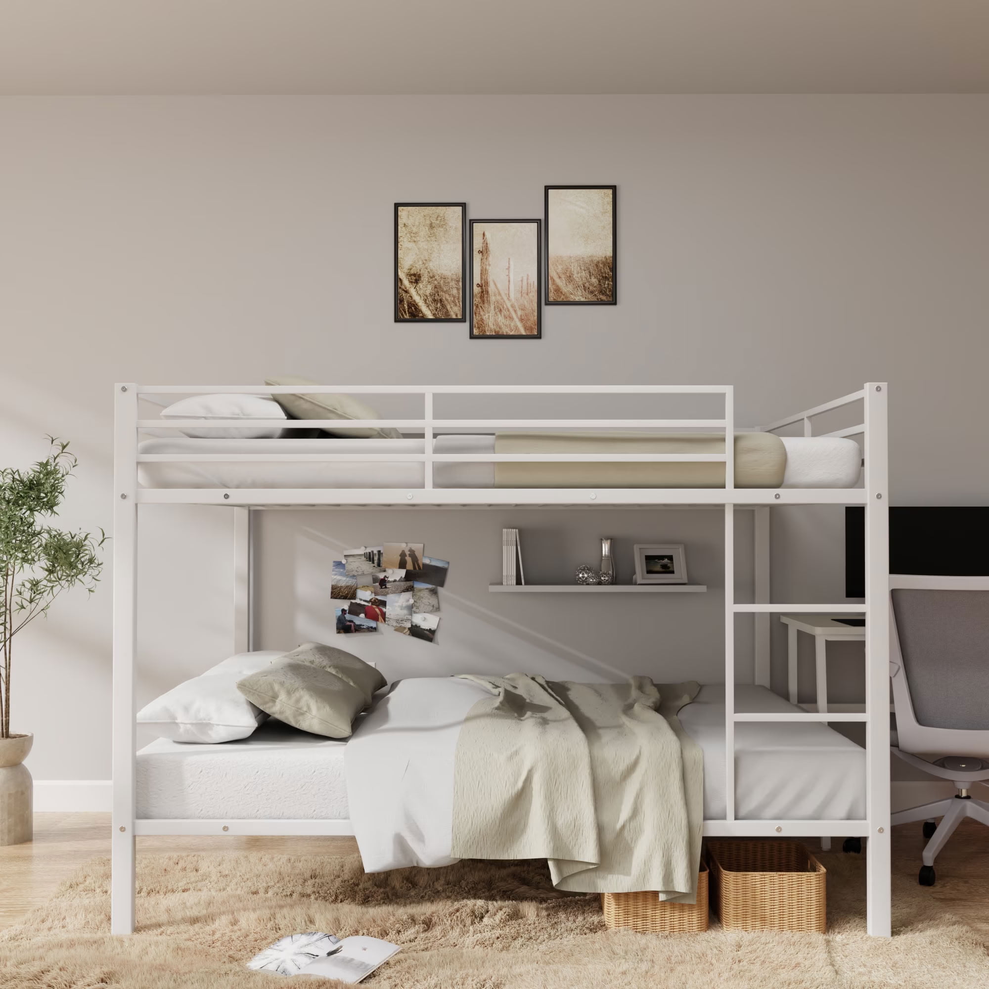 MAYEERTY Full Over Full Metal Bunk Bed, Low Profile Bed Frame with Built-in Ladder and Full Length Guardrails, Space Saving for Kids Teens Dorm Room