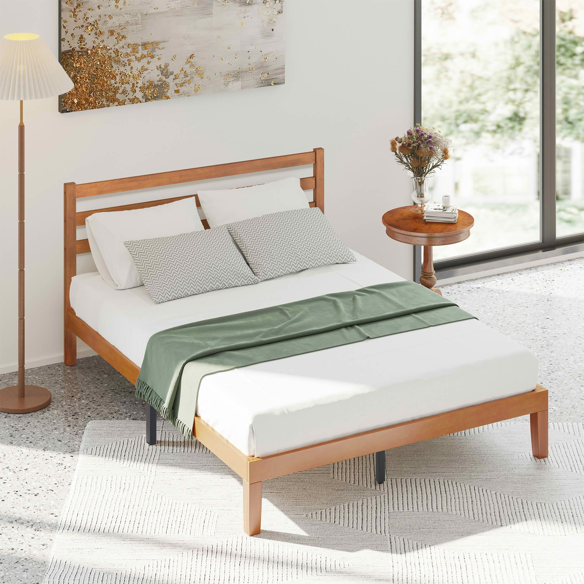 MAYEERTY Full Size 1100 LBS Heavy Duty Solid Wood Bed Frame Mattress Base with Headboard Wooden Slat Support No Box Spring Needed