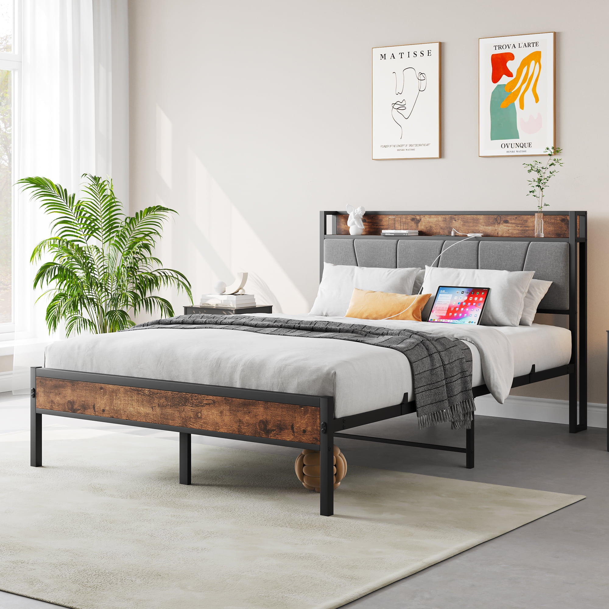 MAYEERTY Full Size Bed Frame, Storage Headboard with Charging Station, Solid and Stable, Noise Free, No Box Spring Needed, Easy Assembly, Vintage Brown and Gray