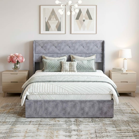 MAYEERTY Full Size Hydraulic Lifting Storage Bed Soft Padded Platform Bed Frame Headboard with Backrest