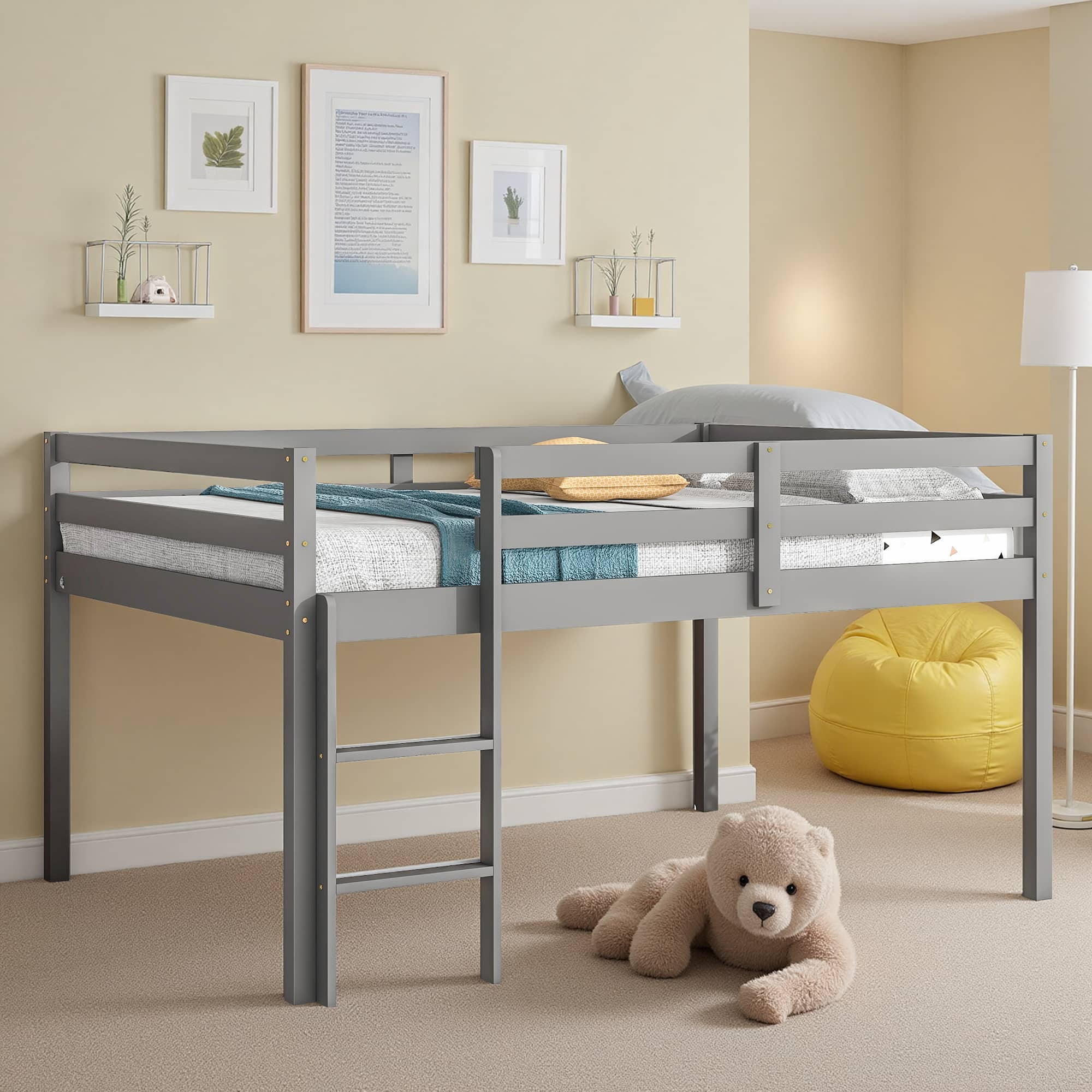 MAYEERTY Full Size Loft Bed with Ladder for Child, Grey