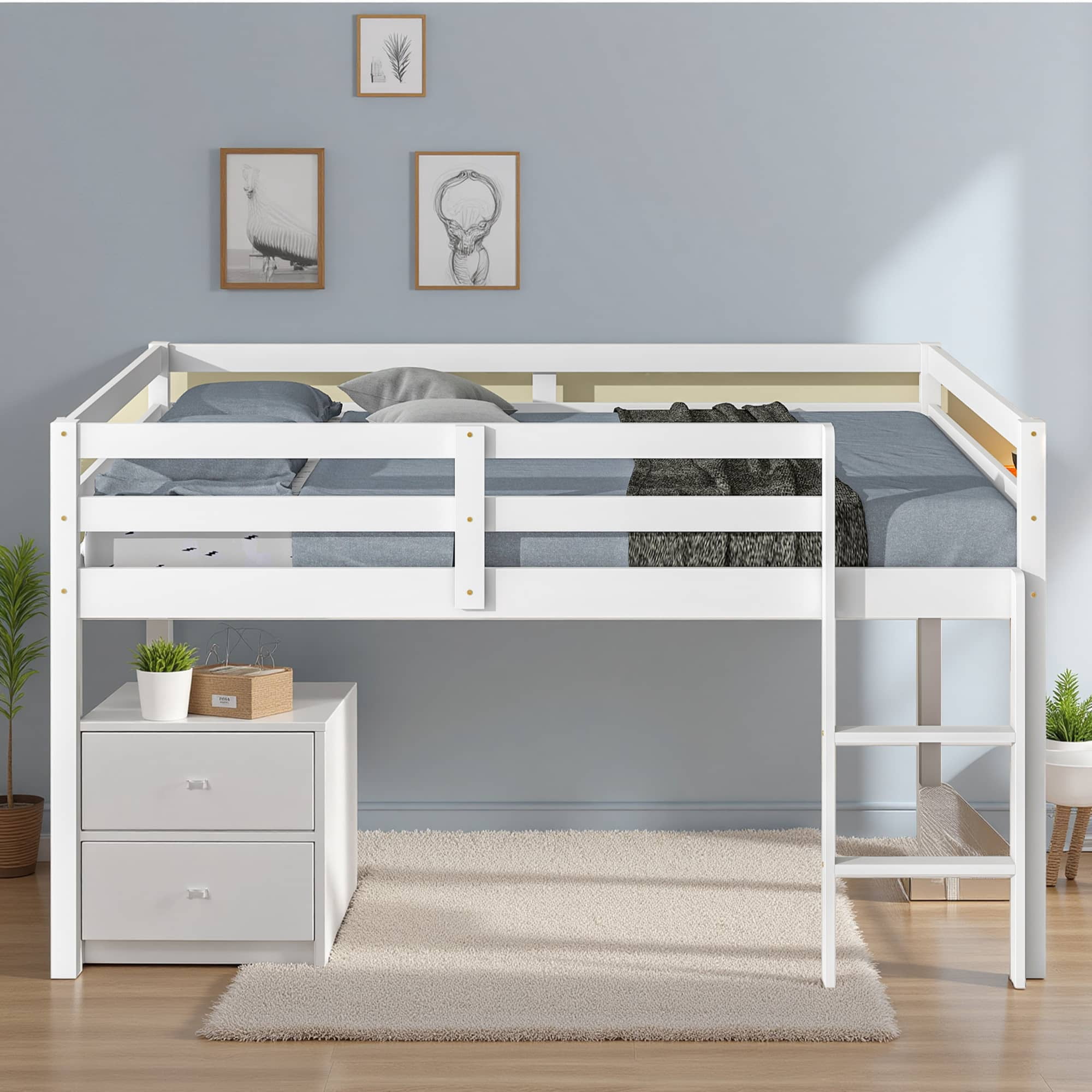 MAYEERTY Full Size Loft Bed with Ladder for Child, White
