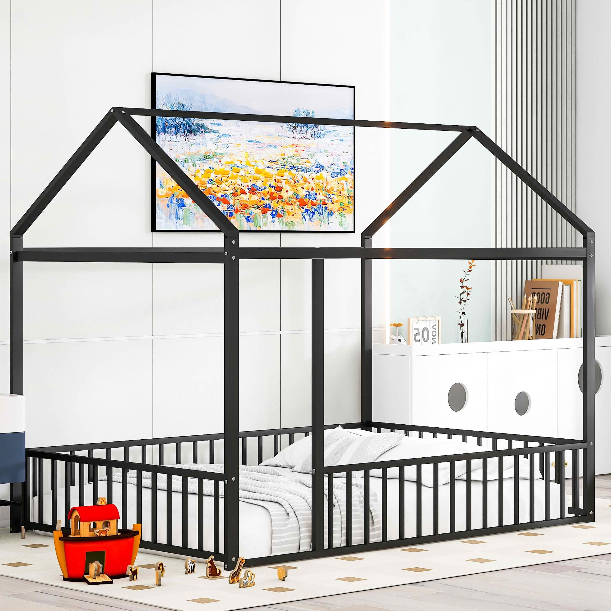 MAYEERTY Full Size Metal House Bed Frame, Fence, Kids Teens Bedroom, White