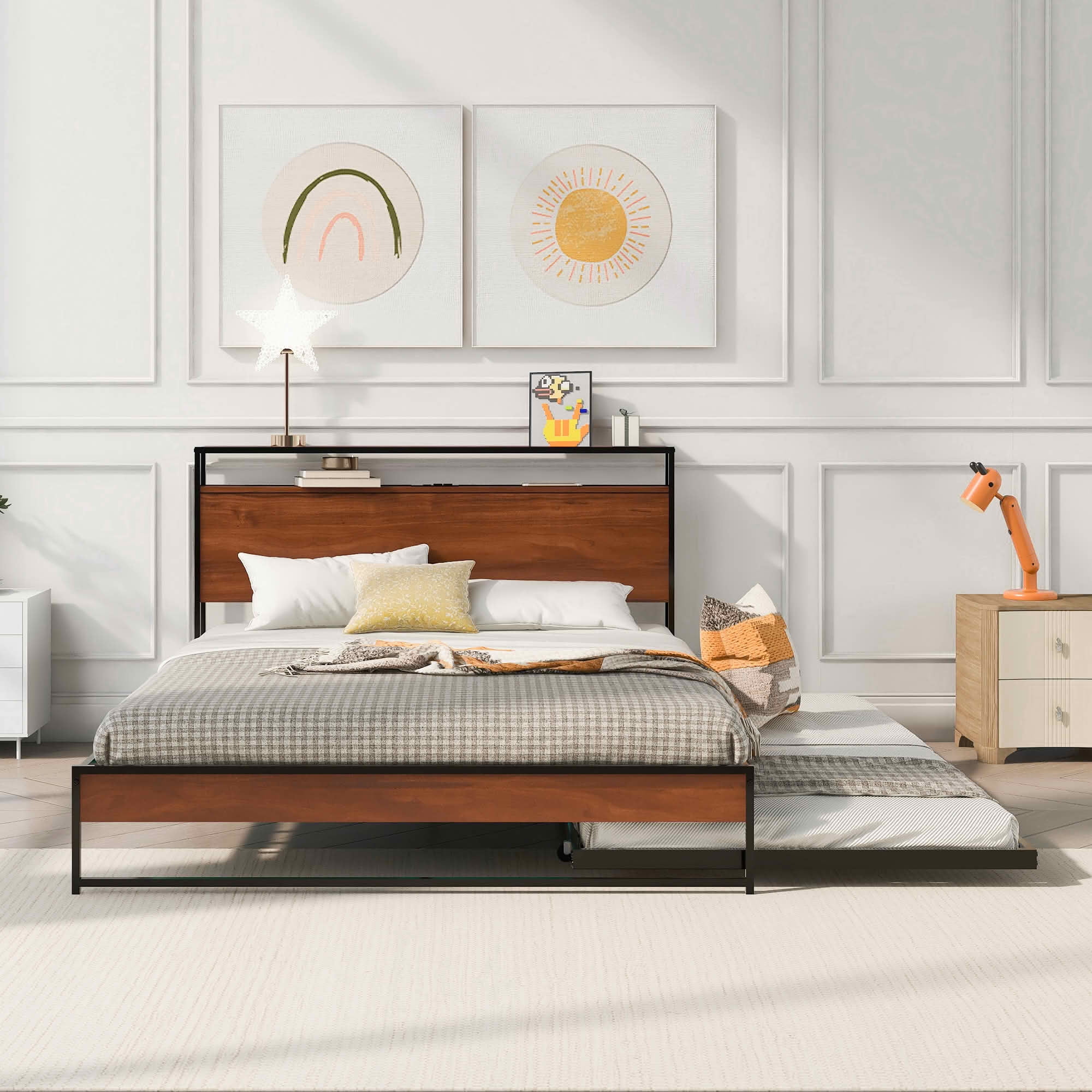 MAYEERTY Full Size Metal & Wood Daybed with Trundle, Headboard Shelves with USB & Socket, Sturdy Noise-Free Frame No Box Spring Needed