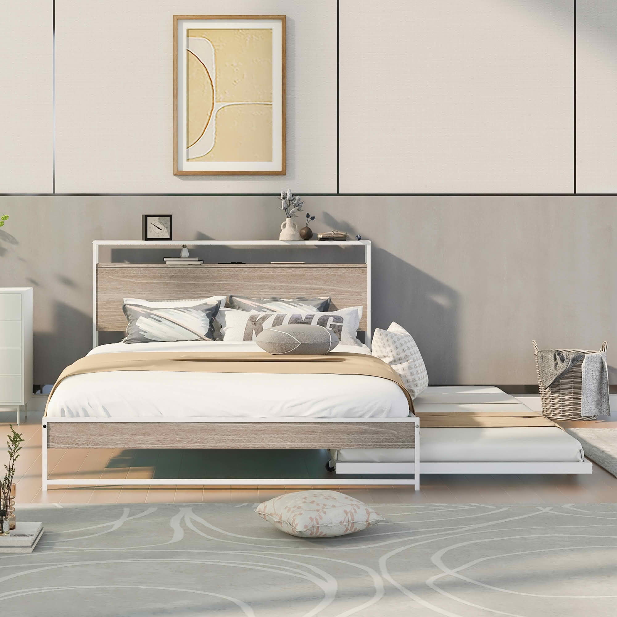 MAYEERTY Full Size Metal & Wood Daybed with Trundle, Headboard Shelves with USB & Socket, Sturdy Noise-Free Frame No Box Spring Needed