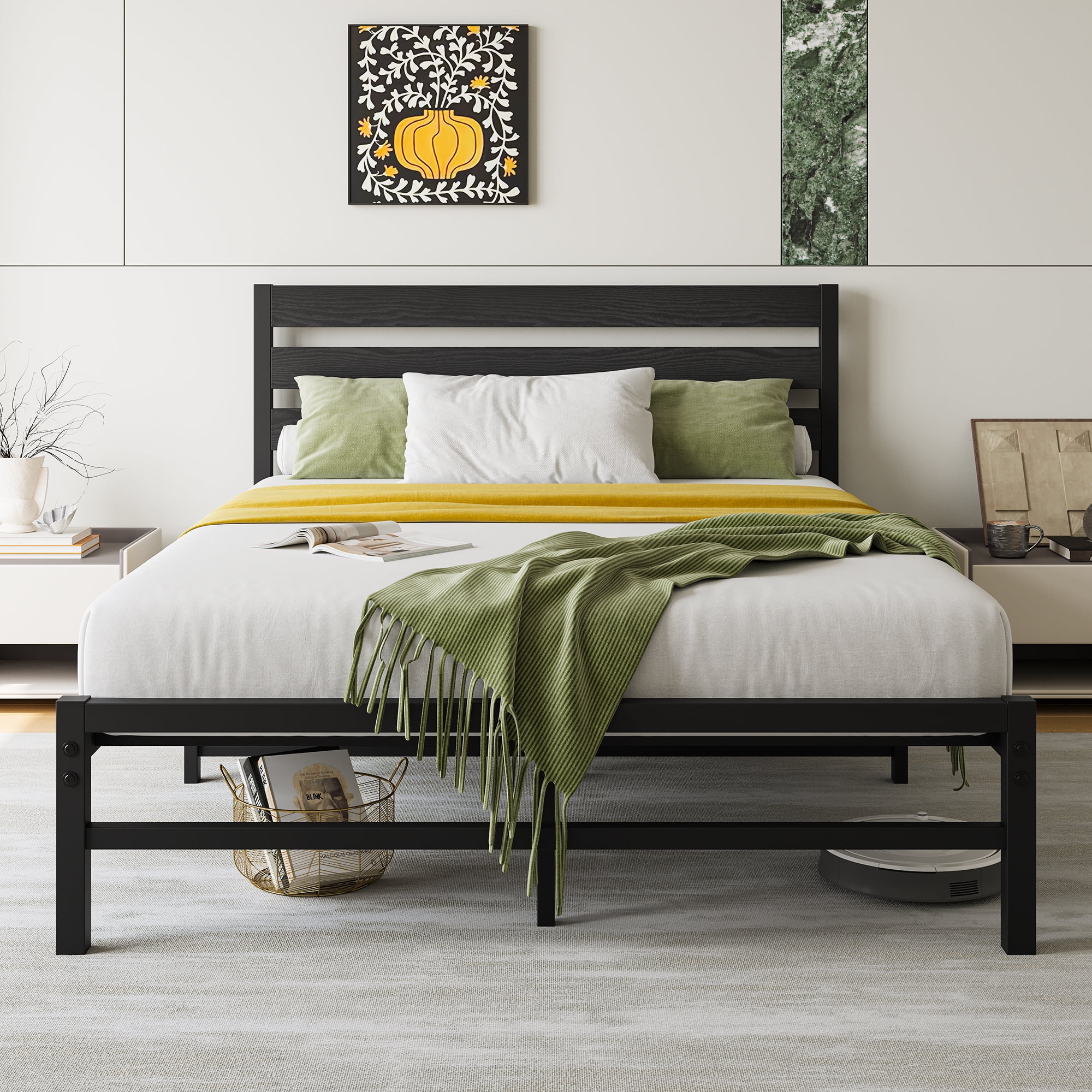 MAYEERTY Full Size Platform Bed Frame with Rustic Vintage Wood Headboard, Strong Metal Slats Support Mattress Foundation, Black