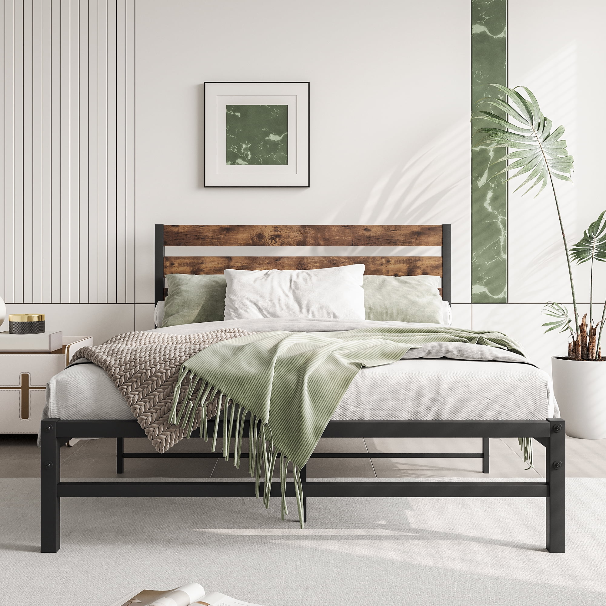 MAYEERTY Full Size Platform Bed Frame with Rustic Vintage Wood Headboard, Strong Metal Slats Support Mattress Foundation, Brown