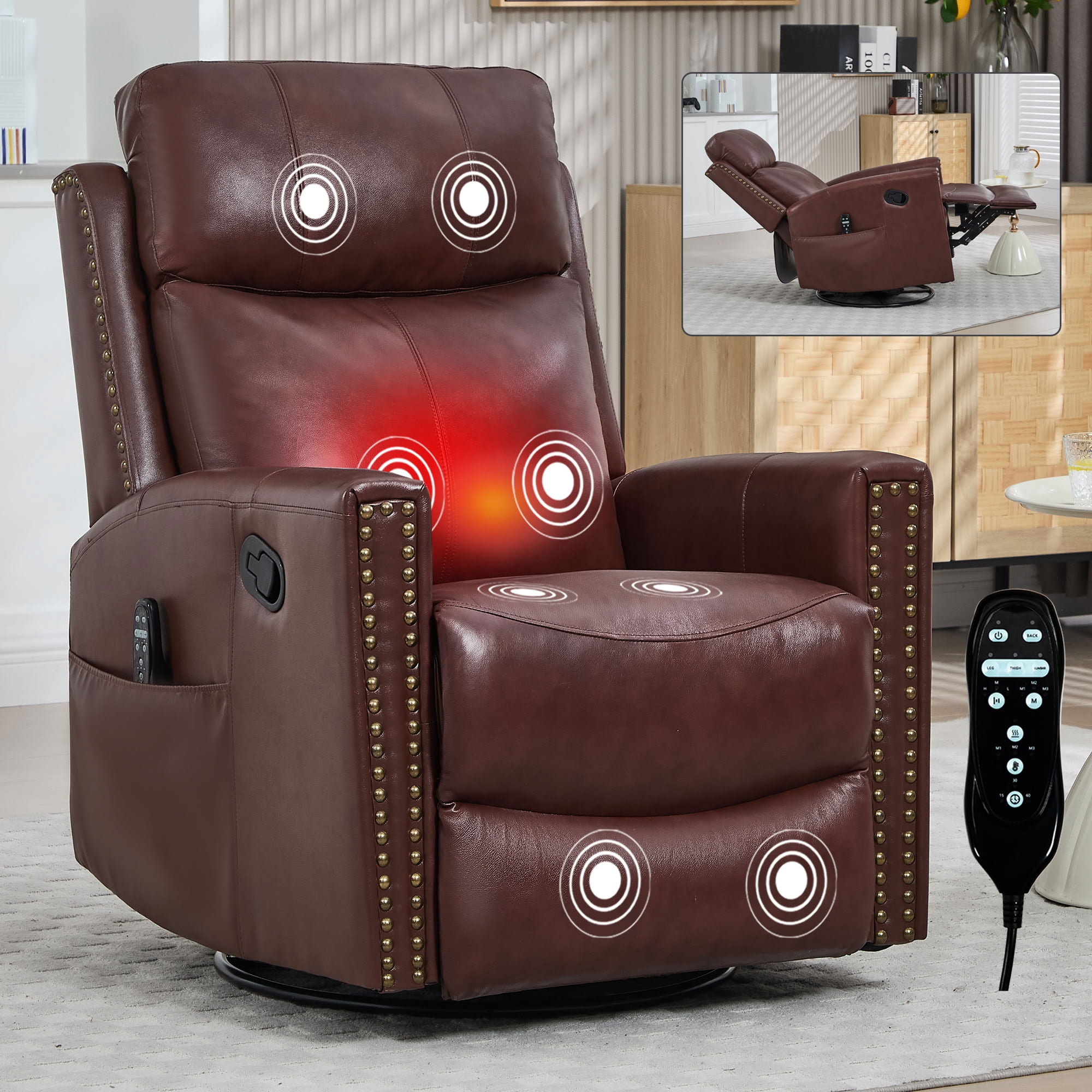 MAYEERTY Genuine Leather Swivel Recliner Chair, Manual Rocker Lounge Chair with 8-Point Massage & Lumbar Heat, for Living Room Home Theater