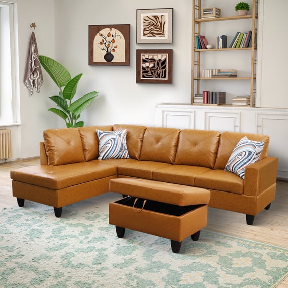 MAYEERTY 97" Faux Leather 3-Piece Modern Sectional Couch Living Room Sofa Set,Ginger