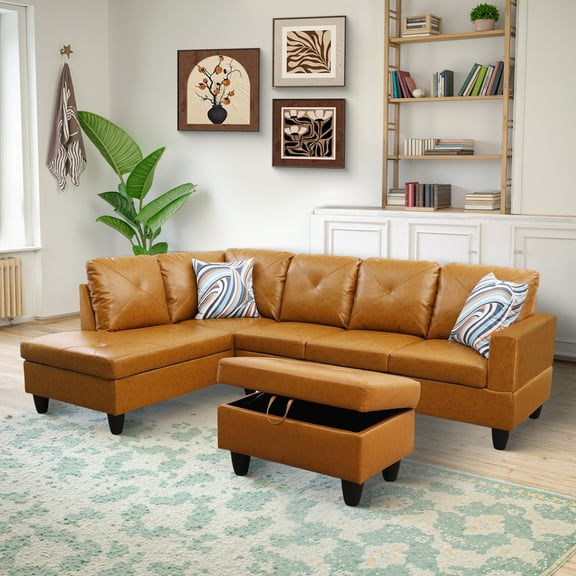 MAYEERTY 97" Faux Leather 3-Piece Modern Sectional Couch Living Room Sofa Set，Ginger