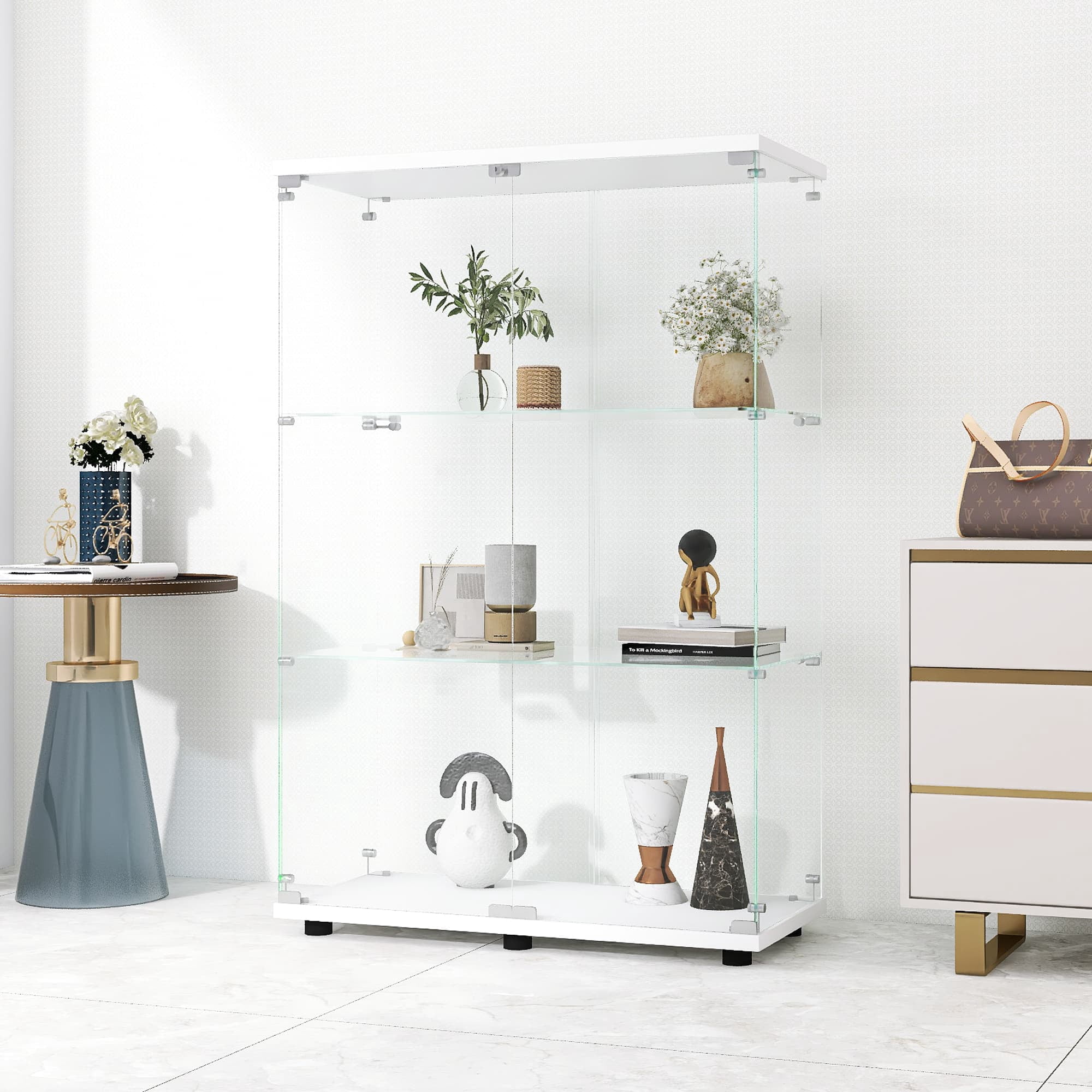 MAYEERTY Glass Display Cabinet 3 Shelves with Double Door, Floor Standing Glass Bookshelf, 49.3"×31.7"×14.3", White