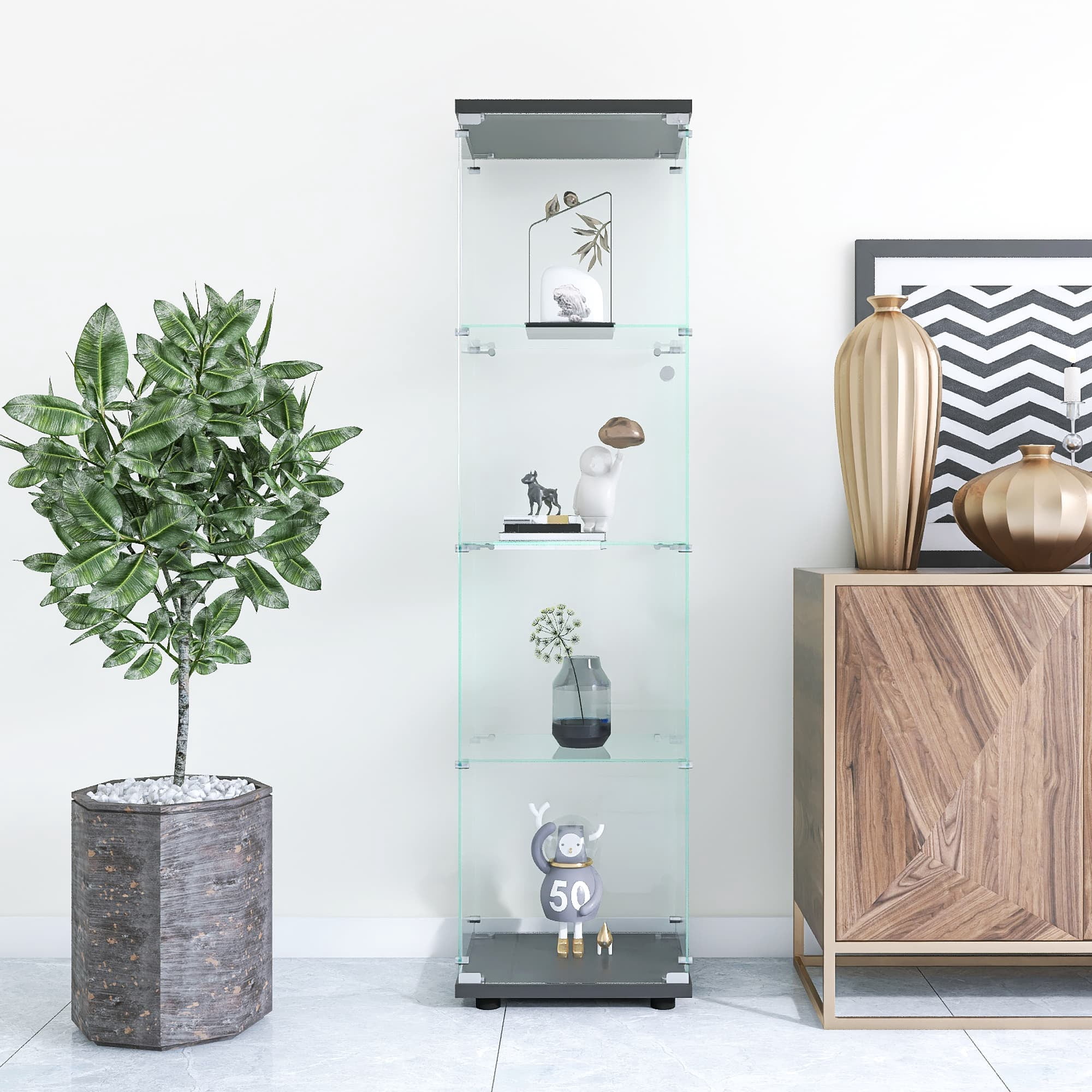 MAYEERTY Glass Display Cabinet 4 Shelves with Door, Floor Standing Bookshelf, 64.7"×16.7"×14.3", Black