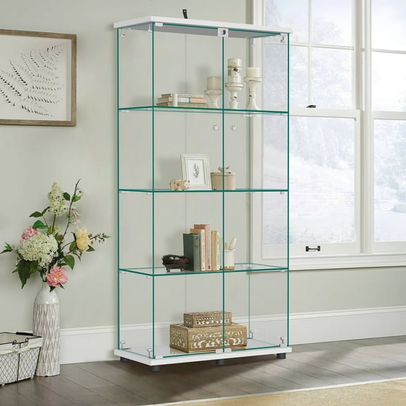 MAYEERTY Glass Display Cabinet 4 Shelves with Double Door, Floor Standing Glass Bookshelf, 64.7"×31.7"×14.3", White