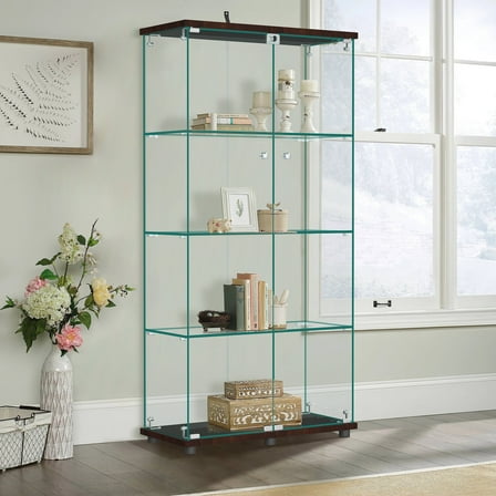 MAYEERTY Glass Display Cabinet 4 Shelves with Two-Door, Glass Bookshelf for Living Room Office, Black, 64.7"×31.7"×14.3"