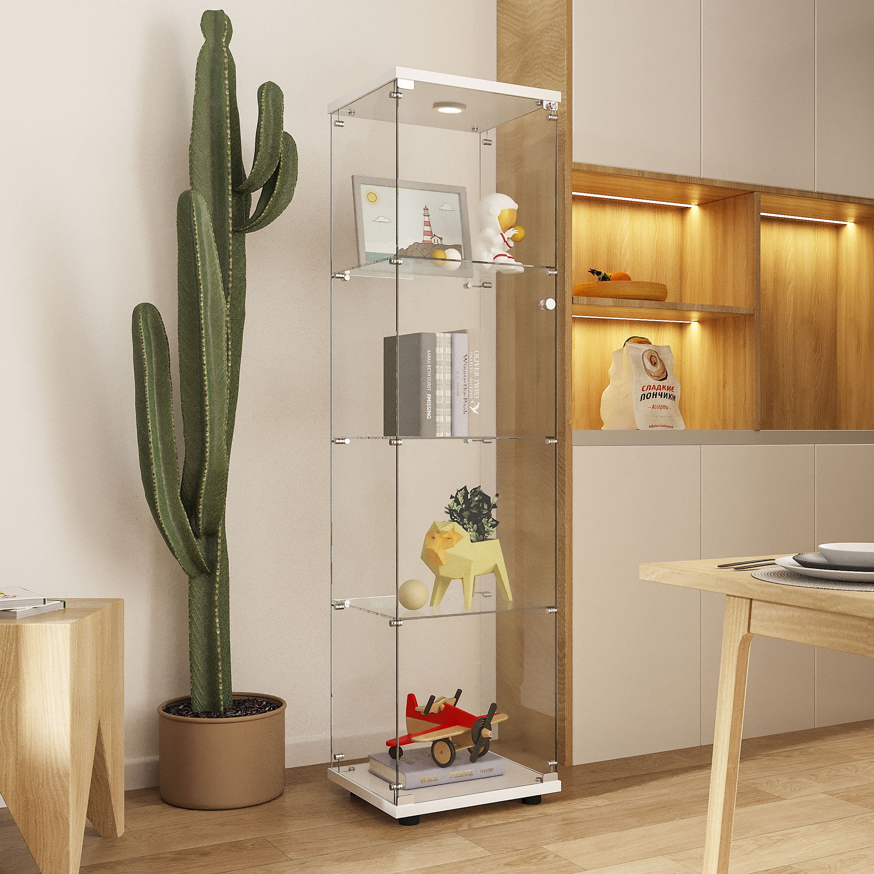 MAYEERTY Glass Display Cabinet, 4 Tiers Wine Cabinet, Collection Storage Showcase with Door, White