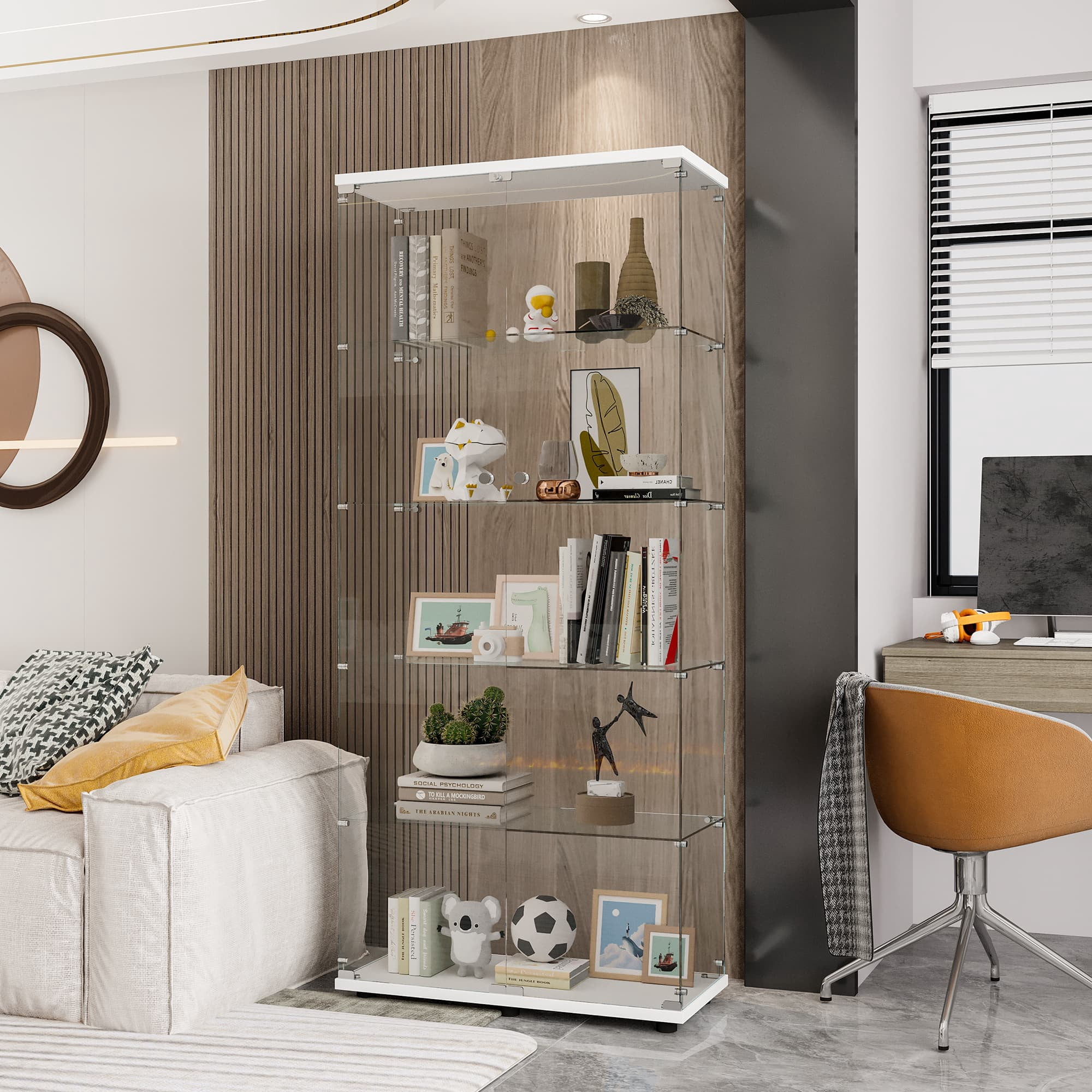 MAYEERTY Glass Display Cabinet 5 Shelves with Double Door, Glass Cabinets Floor Standing Bookshelf, White, 74.3"×31.7"×14.3"