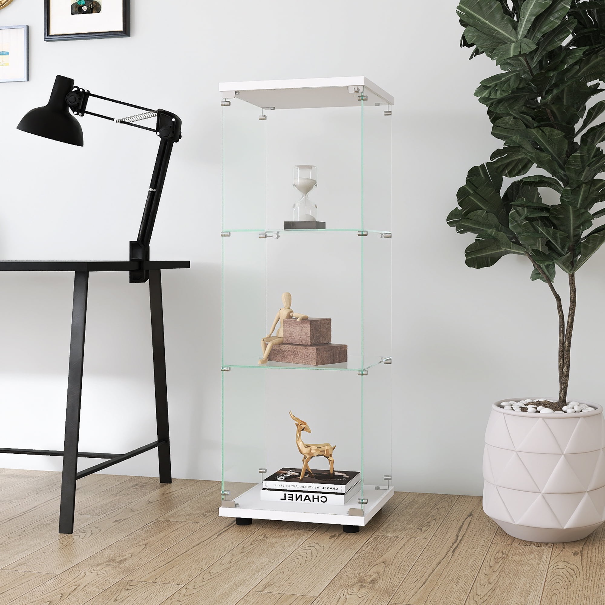 MAYEERTY Glass Display Cabinet with 3 Shelves, Glass Frame Bookshelf Glass Bookshelf, White, 49.3"×16.7"×14.3"