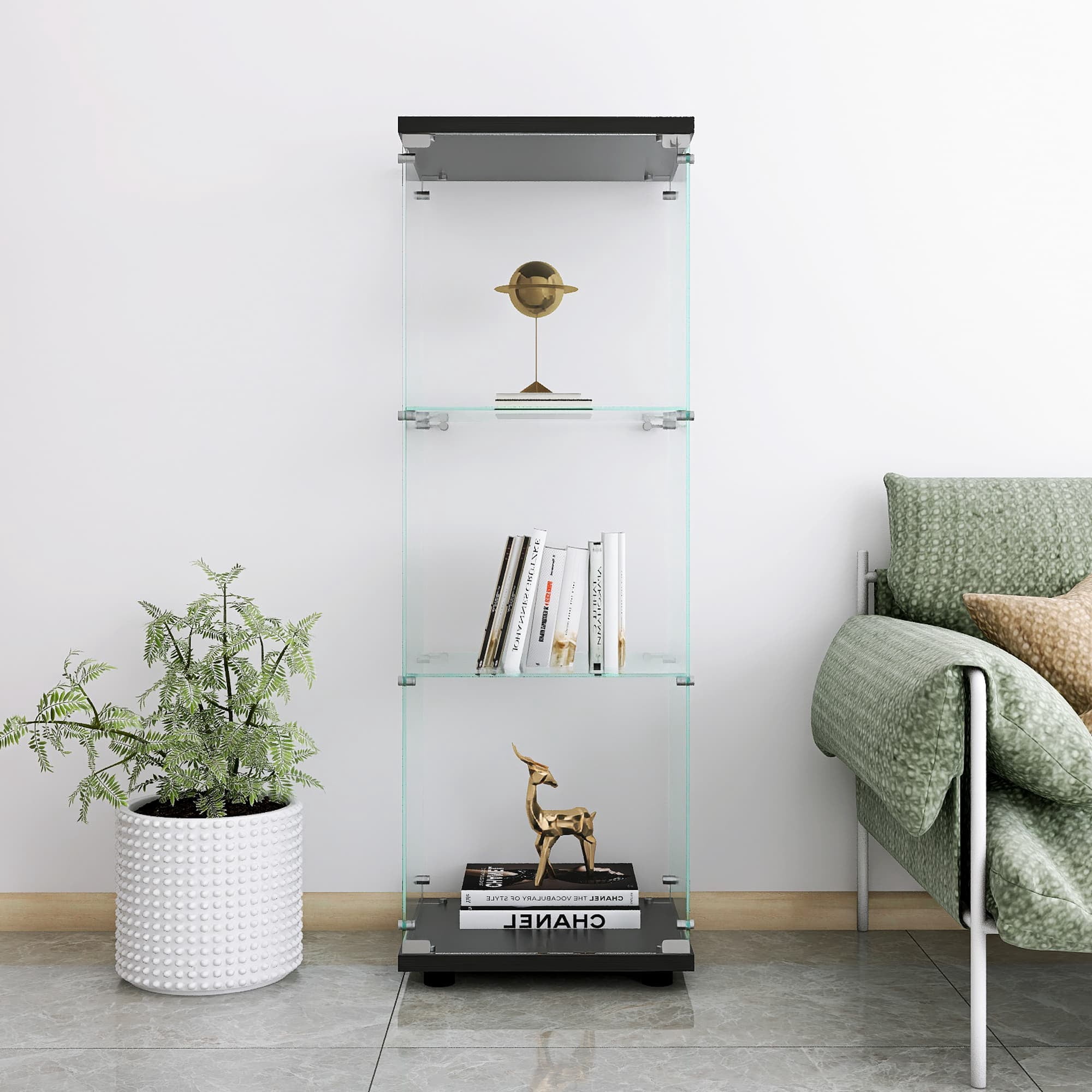 MAYEERTY Glass Display Cabinet with 3 Shelves, One-Door Glass Bookshelf Cabinets, Black, 49.3"×16.7"×14.3"