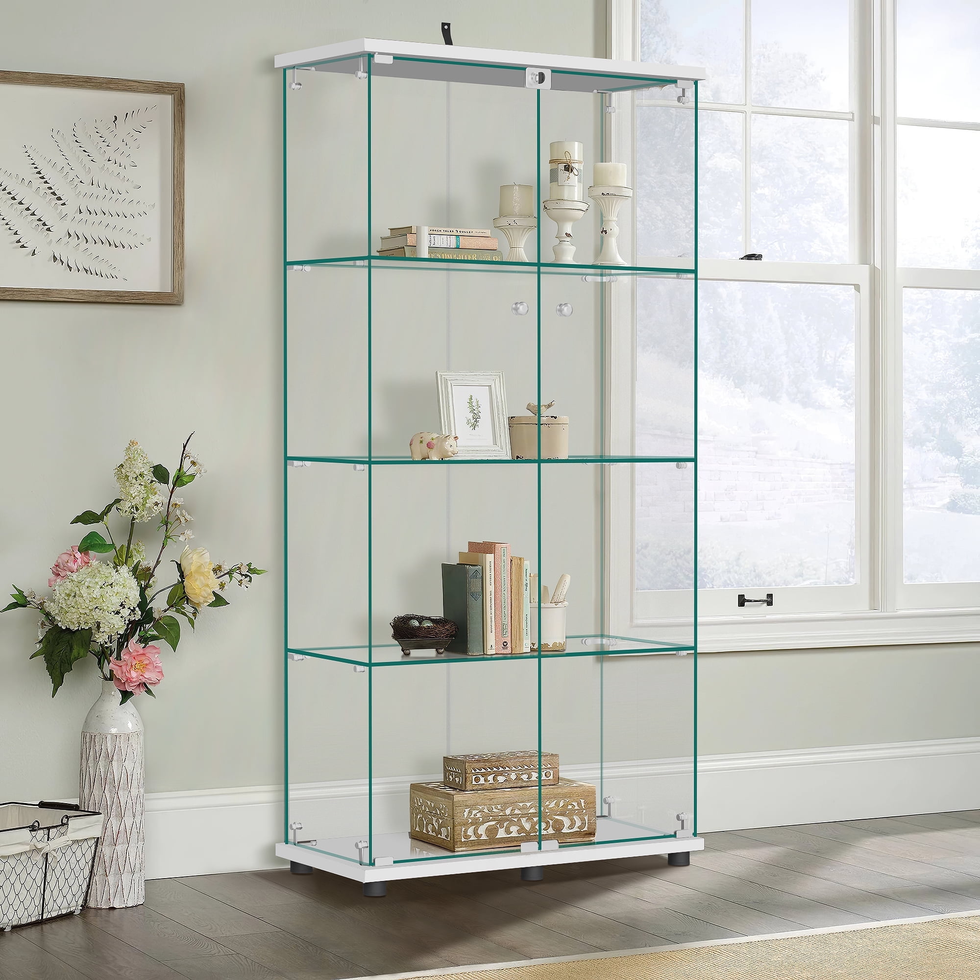 MAYEERTY Glass Display Cabinet with 3 Shelves, One-Door Glass Bookshelf Cabinets, Black, 49.3"×16.7"×14.3"