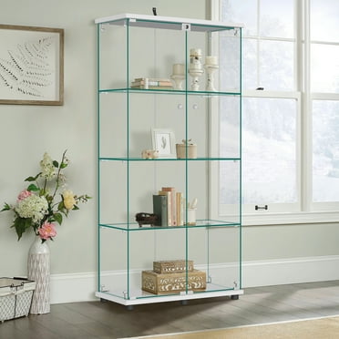 MAYEERTY Glass Display Cabinet with Double Door, 4-Tier Curio Cabinet Collection Showcase, White, 2PCS, 64.5"x32"x14.4"
