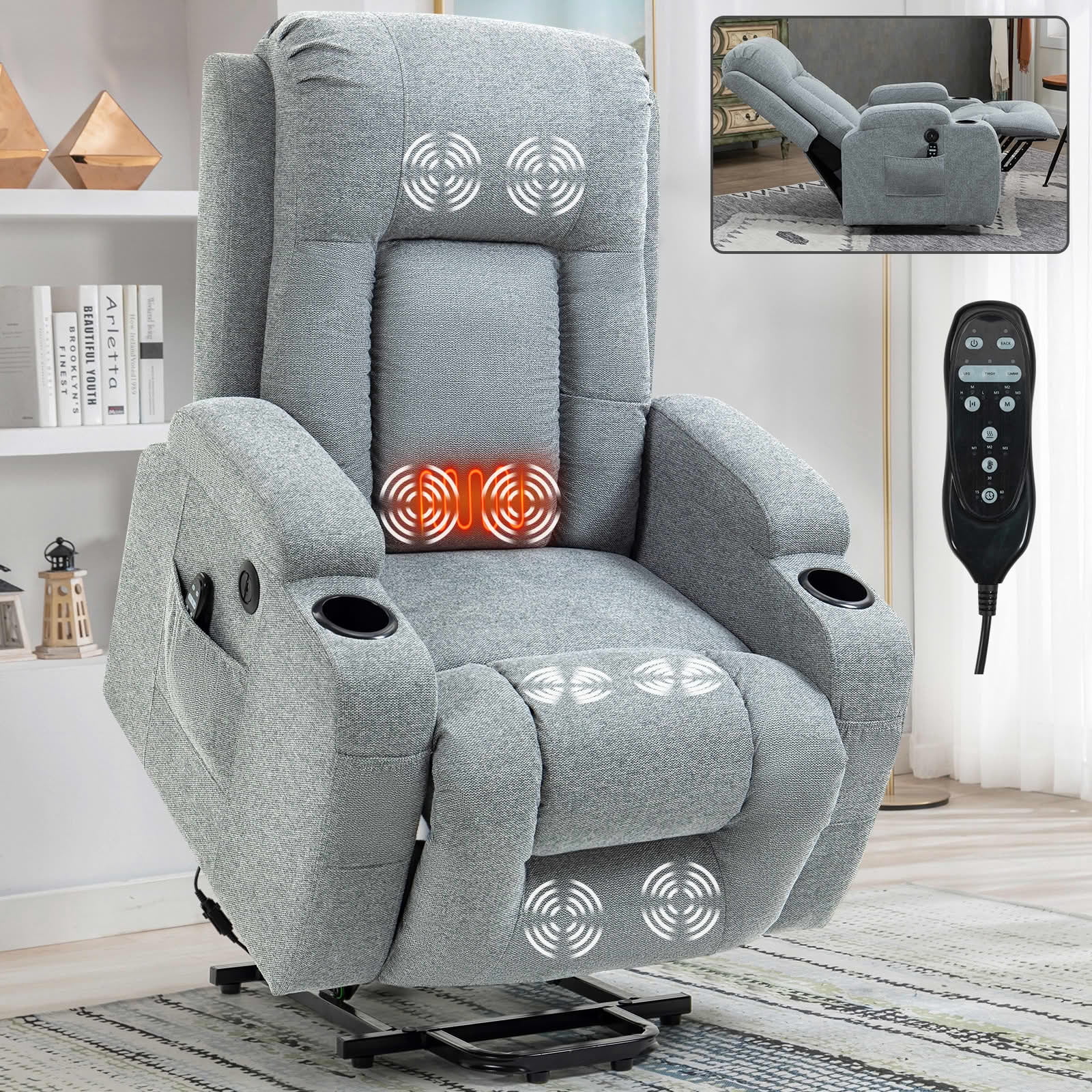 MAYEERTY Gray 350 lbs Single Motor Power Lift Recliner Chair, 8-Point Massage Heat USB Cup Holders for Elderly Living Room