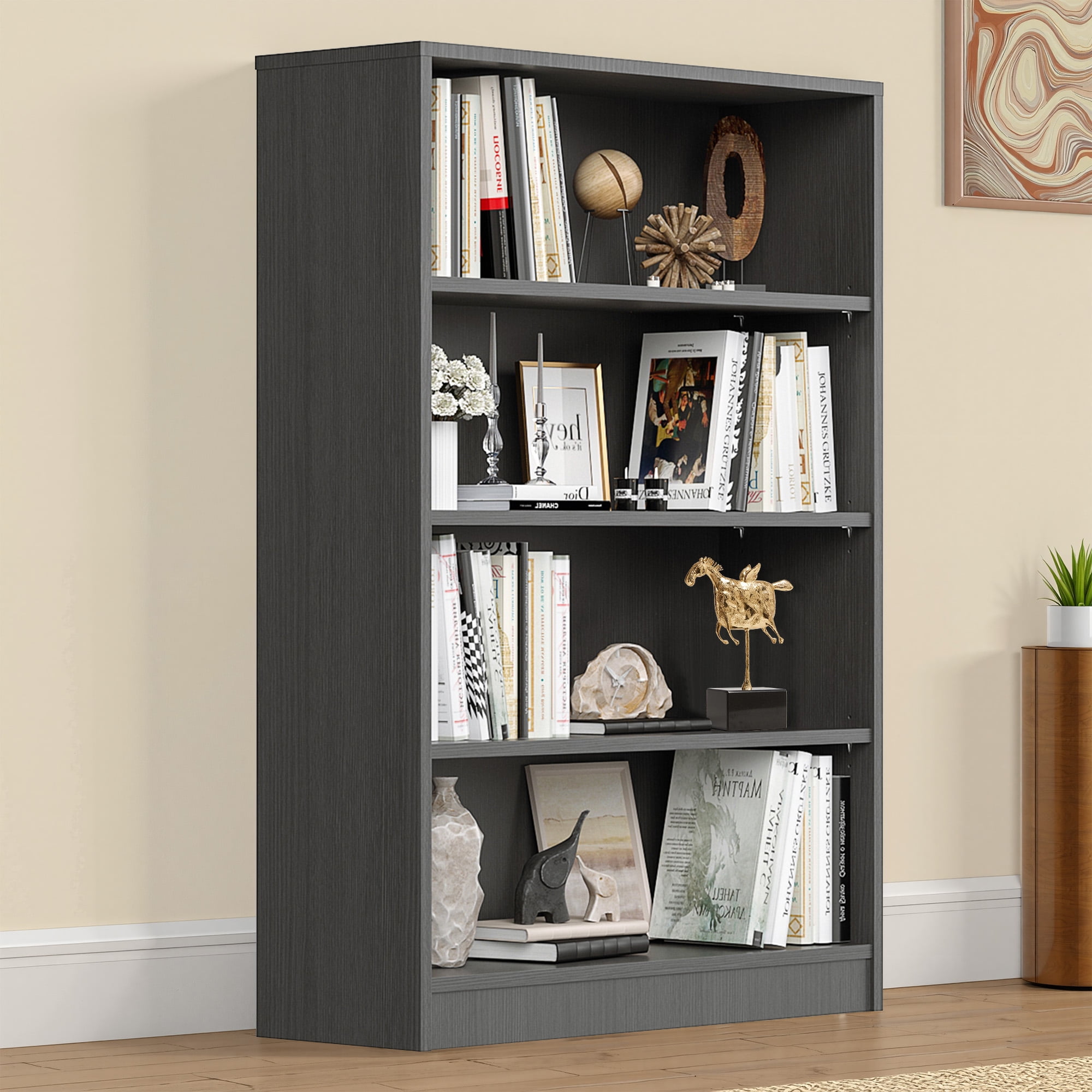 MAYEERTY Gray 4-Shelf Modern Wood Bookcase, 48" Tall, for Bedroom, Living Room, and Manga Library