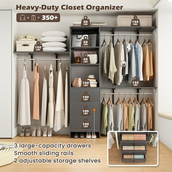 MAYEERTY Gray 96*16*75"High-Capacity Wardrobe Rack: 3 Drawers, Shelves, Expandable Rods, Stylish & Durable