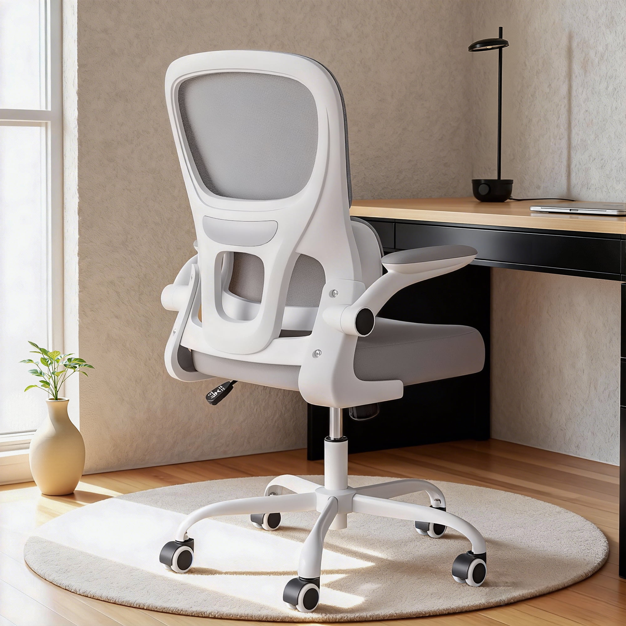 MAYEERTY Gray Desk Chair with Mesh Back, Ergonomic, Lumbar Support & Flip-Up Armrests for Work & Study