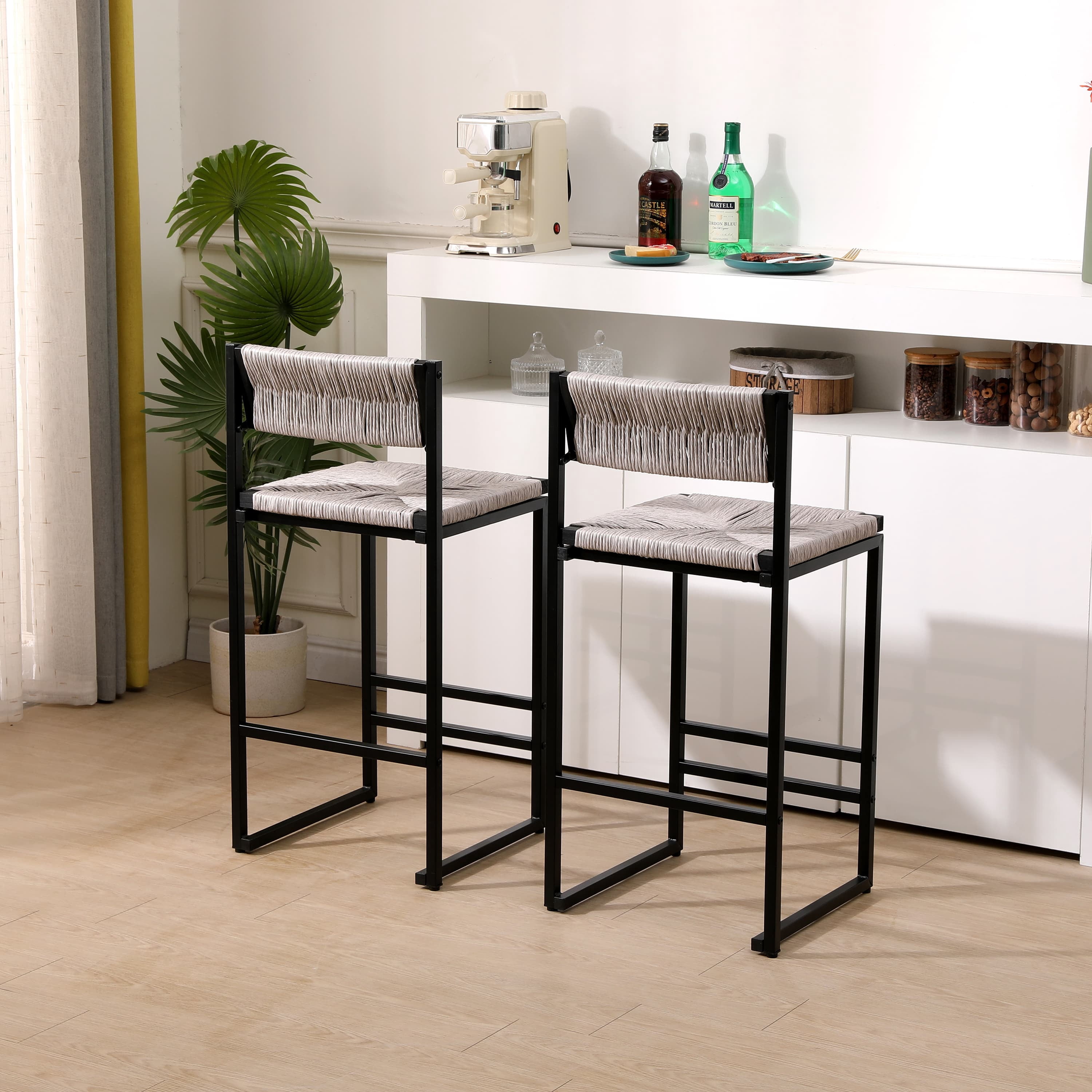 MAYEERTY Gray Handwoven Bar Stools Set of 2 - with Back, Paper Rope Woven for Kitchen/Home/Office