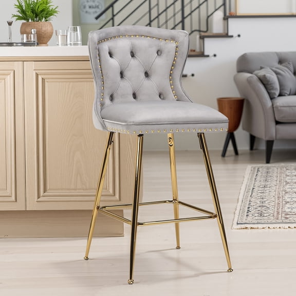 MAYEERTY Gray Velvet Bar Stools Set of 2, Button-Tufted Wing-Back,Metal Legs for Kitchen Island & Pub
