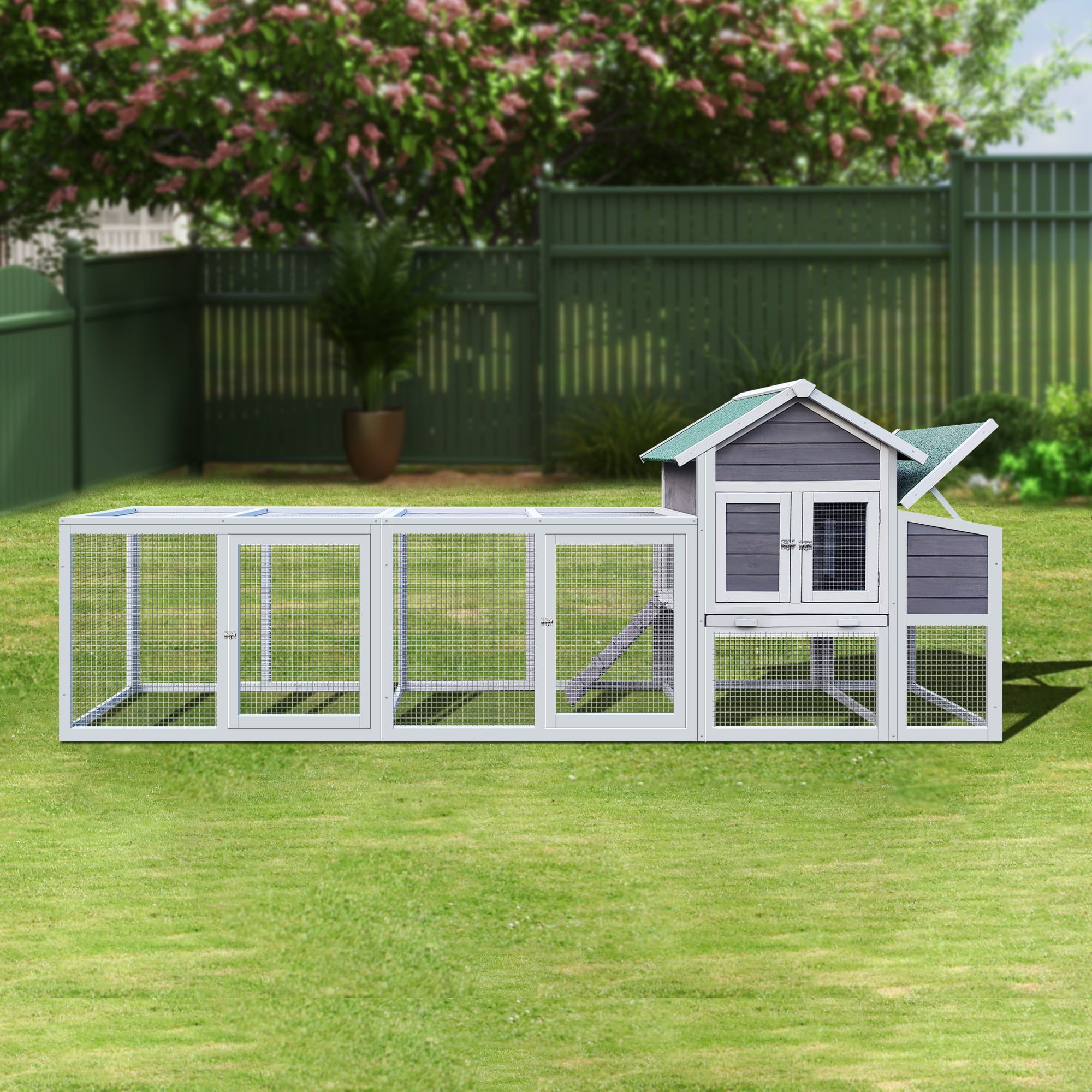 MAYEERTY Gray Wooden Chicken Coop Outdoor Hen House with Run, Waterproof Roof Nesting Box Perch Sliding Tray