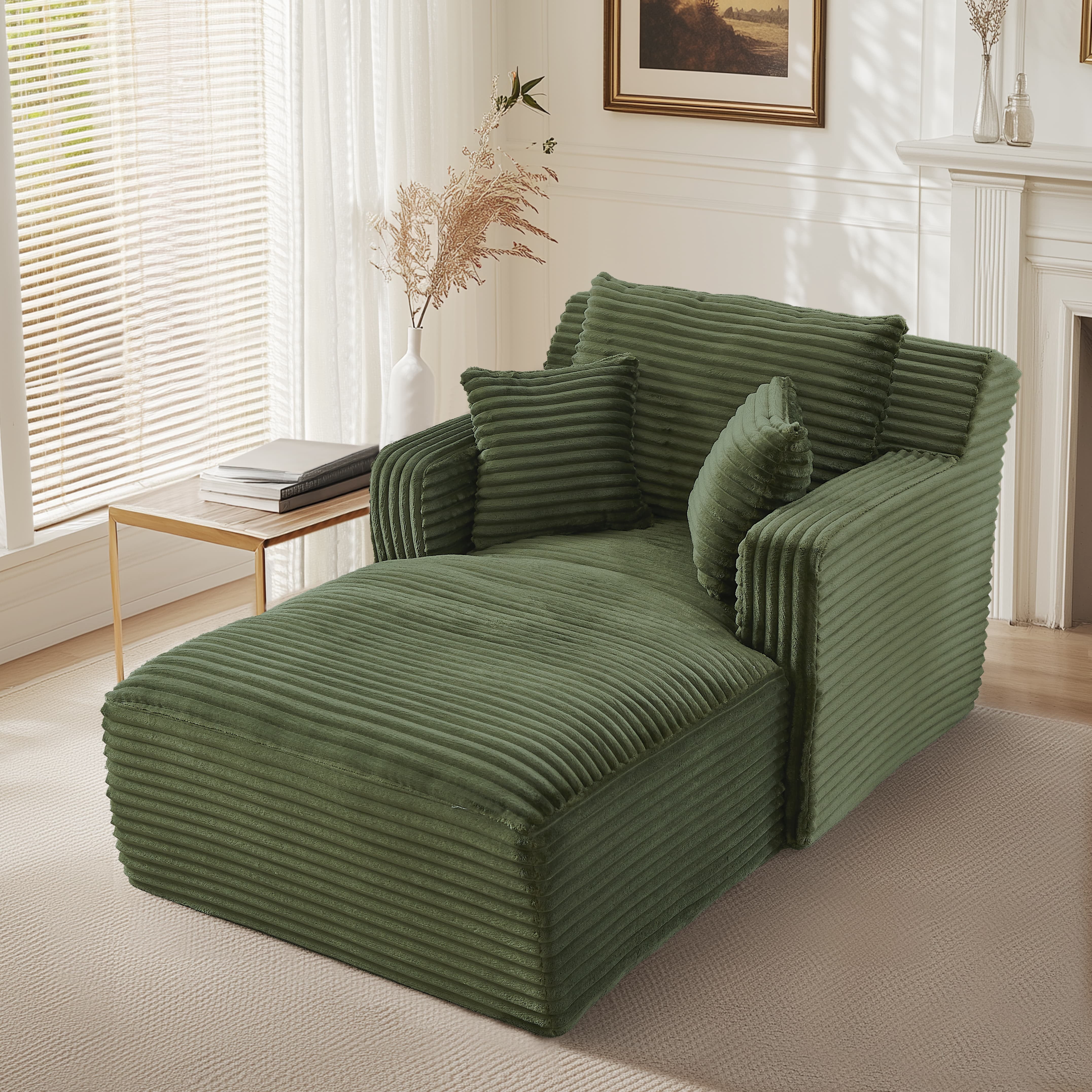 MAYEERTY Single Corduroy Chaise Lounge Sofa, Modern Couch with Spring Cushion for Apartment, 65*39*33"Green