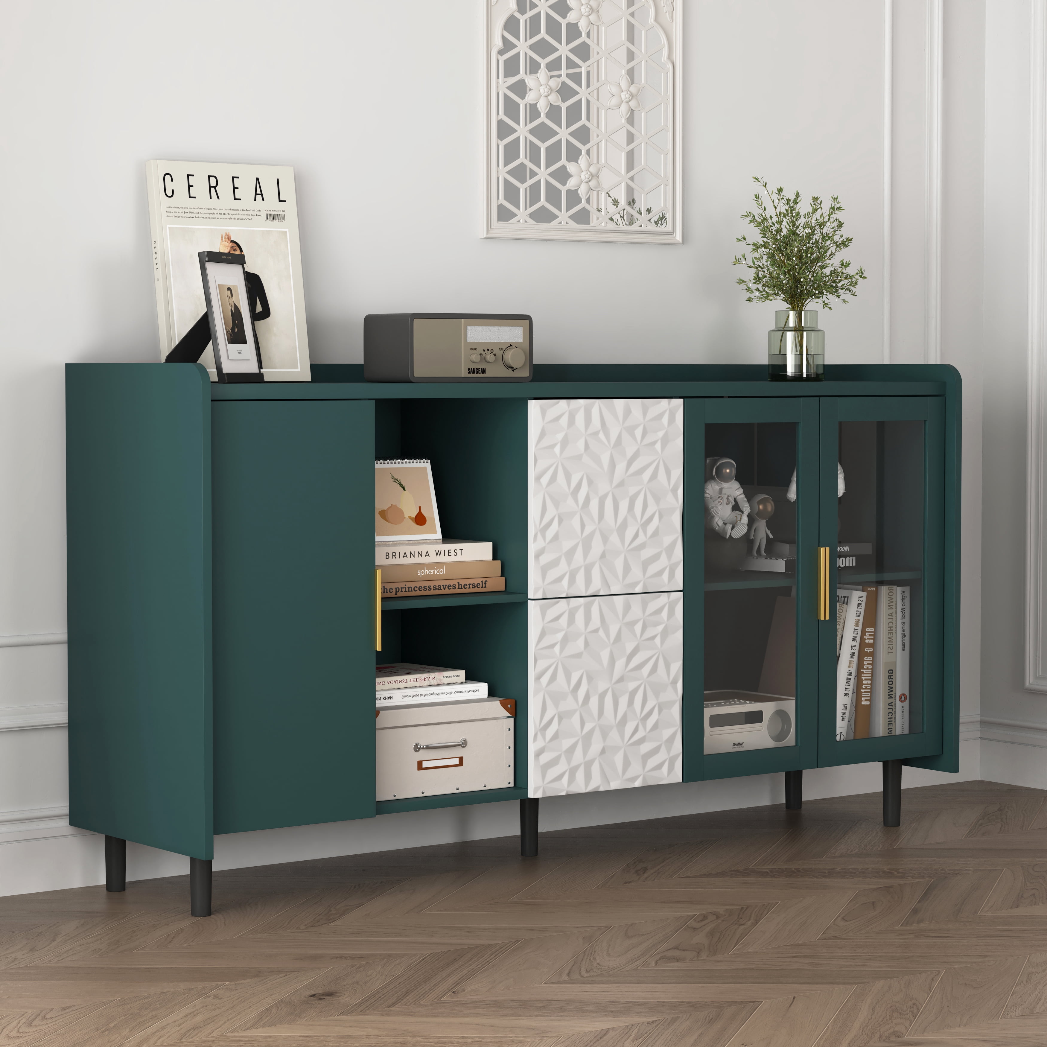 MAYEERTY Green Kitchen Pantry Storage Cabinet, 55" Coffee Bar Cabinet with Glass Doors & Drawers