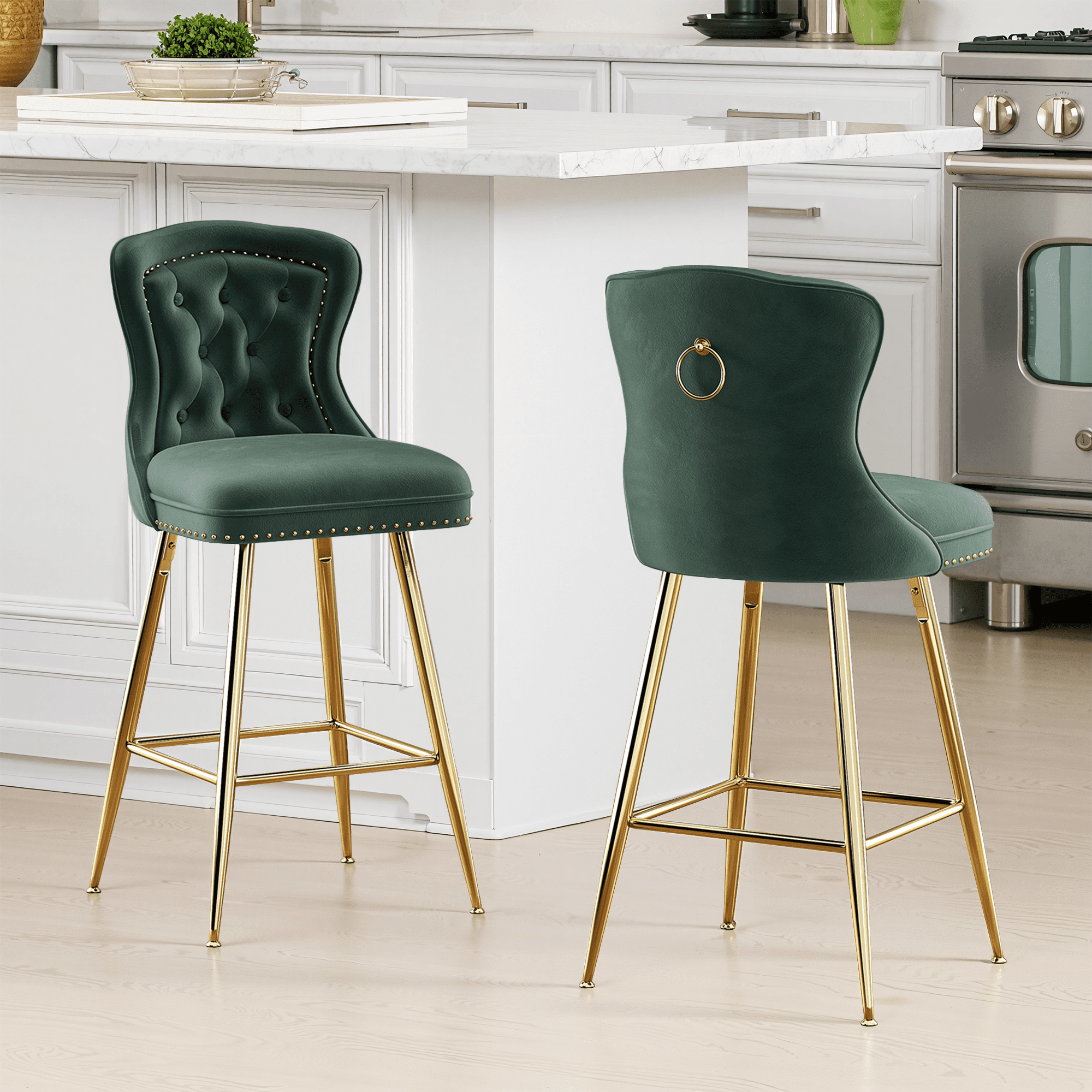 MAYEERTY Green Velvet Bar Stools Set of 2, Button-Tufted Wing-Back,Metal Legs for Kitchen Island & Pub