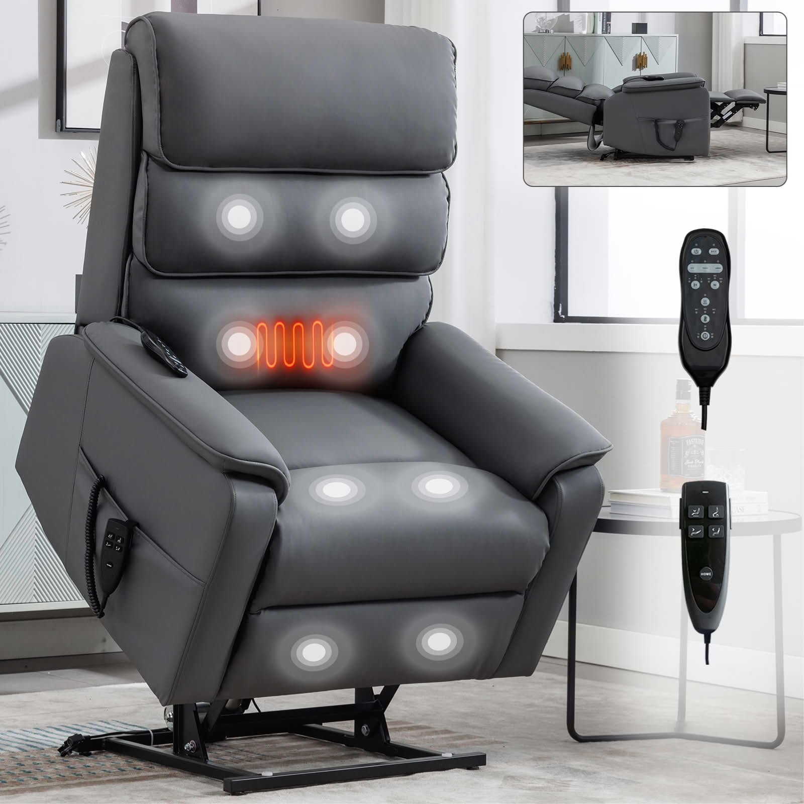 MAYEERTY Grey Cat-Proof Leather Dual Motor Power Lift Recliner, 350lbs Infinite Position Massage Heat 37"x37"x45"