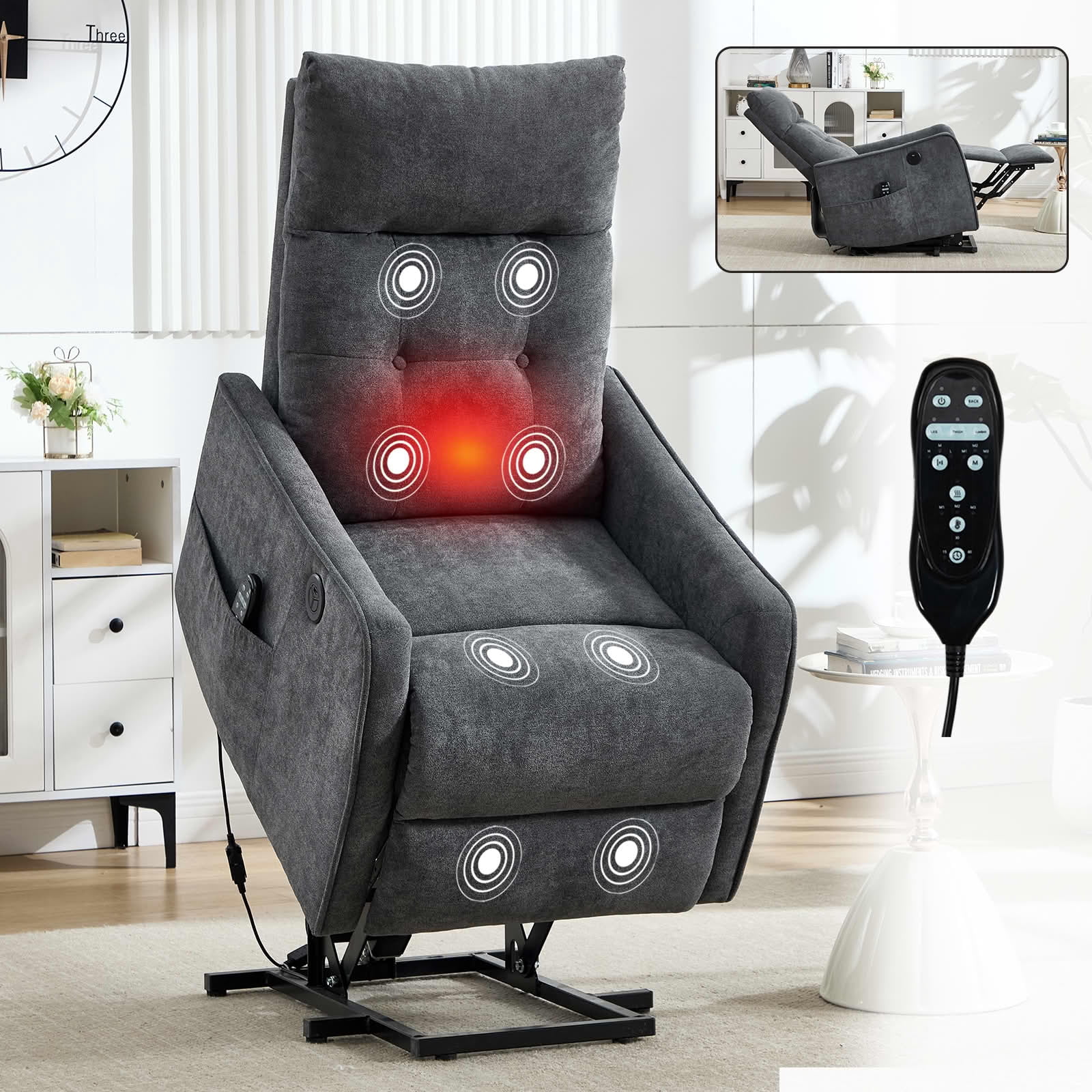 MAYEERTY Grey Chenille Power Lift Recliner Chair, Massage Heat USB Port 25"x36"x39" for Elderly