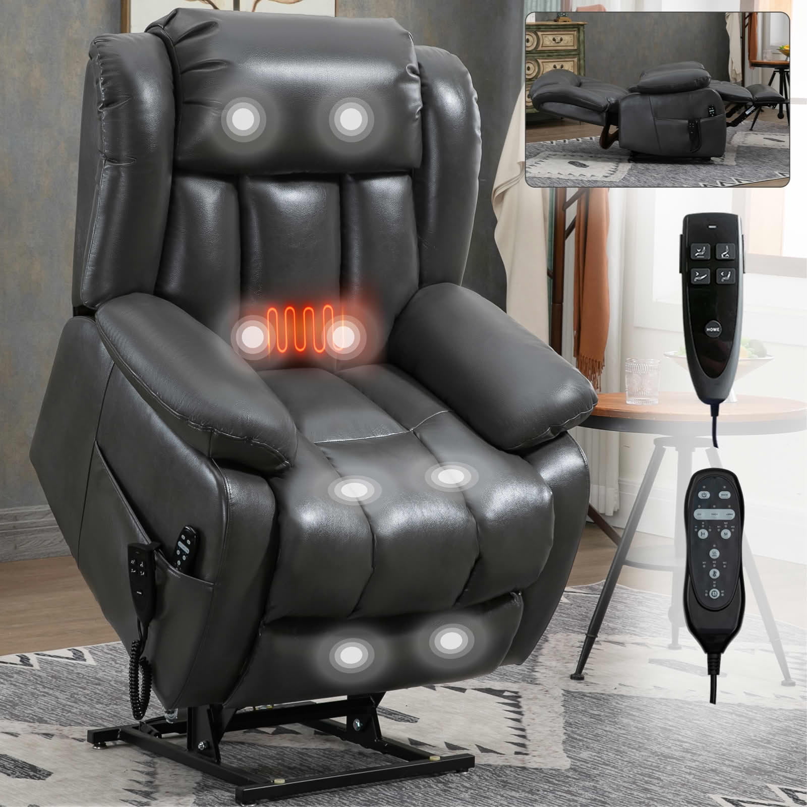 MAYEERTY Grey Dual Motor Power Lift Recliner, 350lbs 8-Point Massage Heat 180° 36"x40"x43" for Elderly