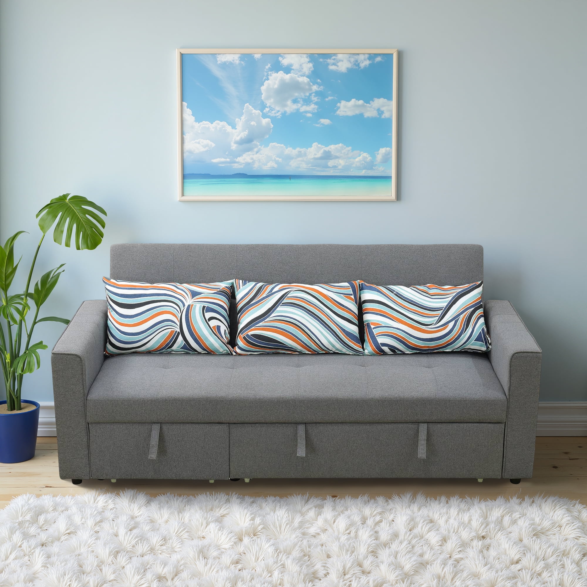 MAYEERTY Grey Fluffy Fabric 1-Piece Living Room Wide Sofabed