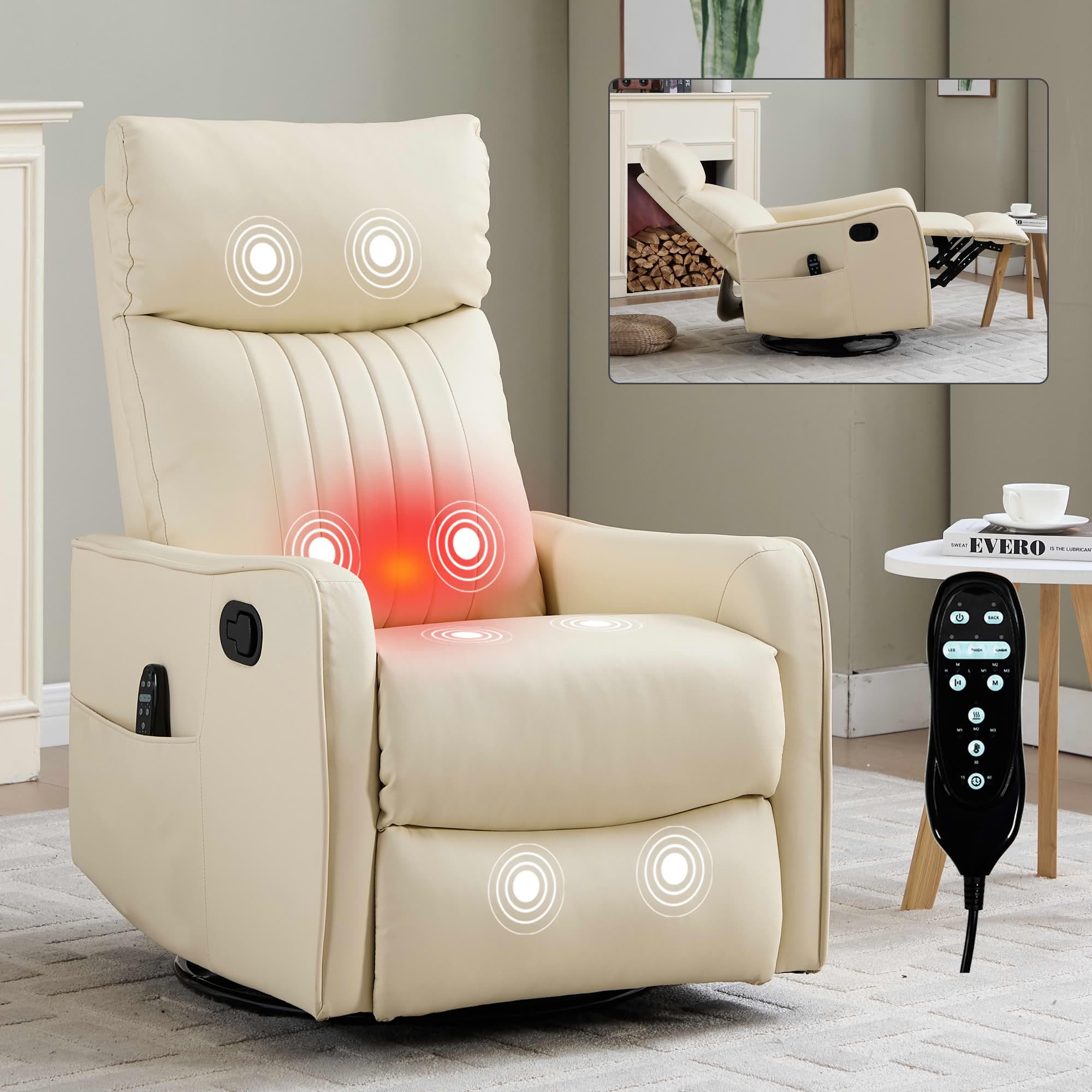 MAYEERTY Grey Heat Massage Recliner Chair, 360° Swivel Rocker 27"x36"x40" for Living Room