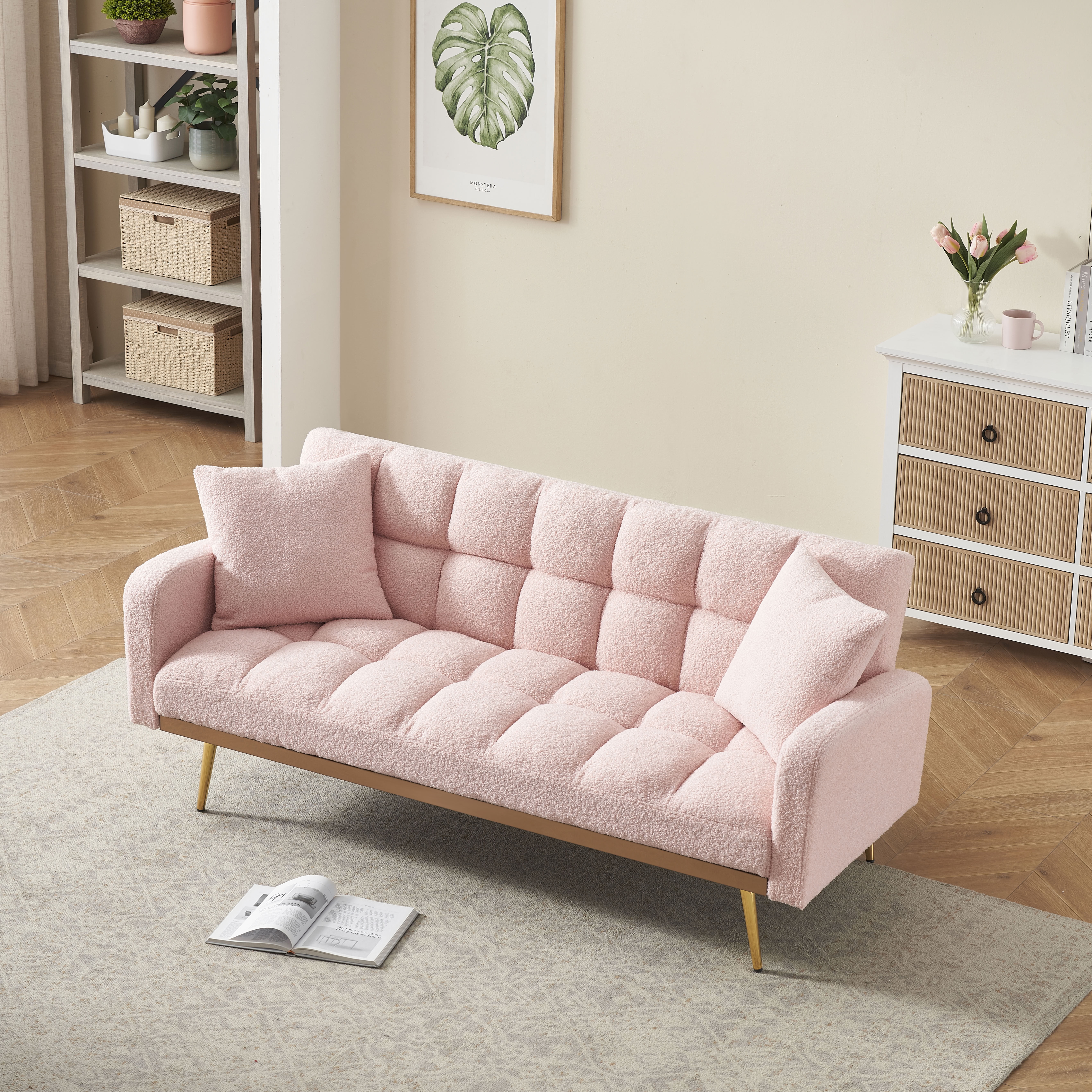 MAYEERTY Guest Bed Sofa, Teddy Fabric Loveseat, Convertible Space-Saving Sofa for Small Home Guest Stays, Pink
